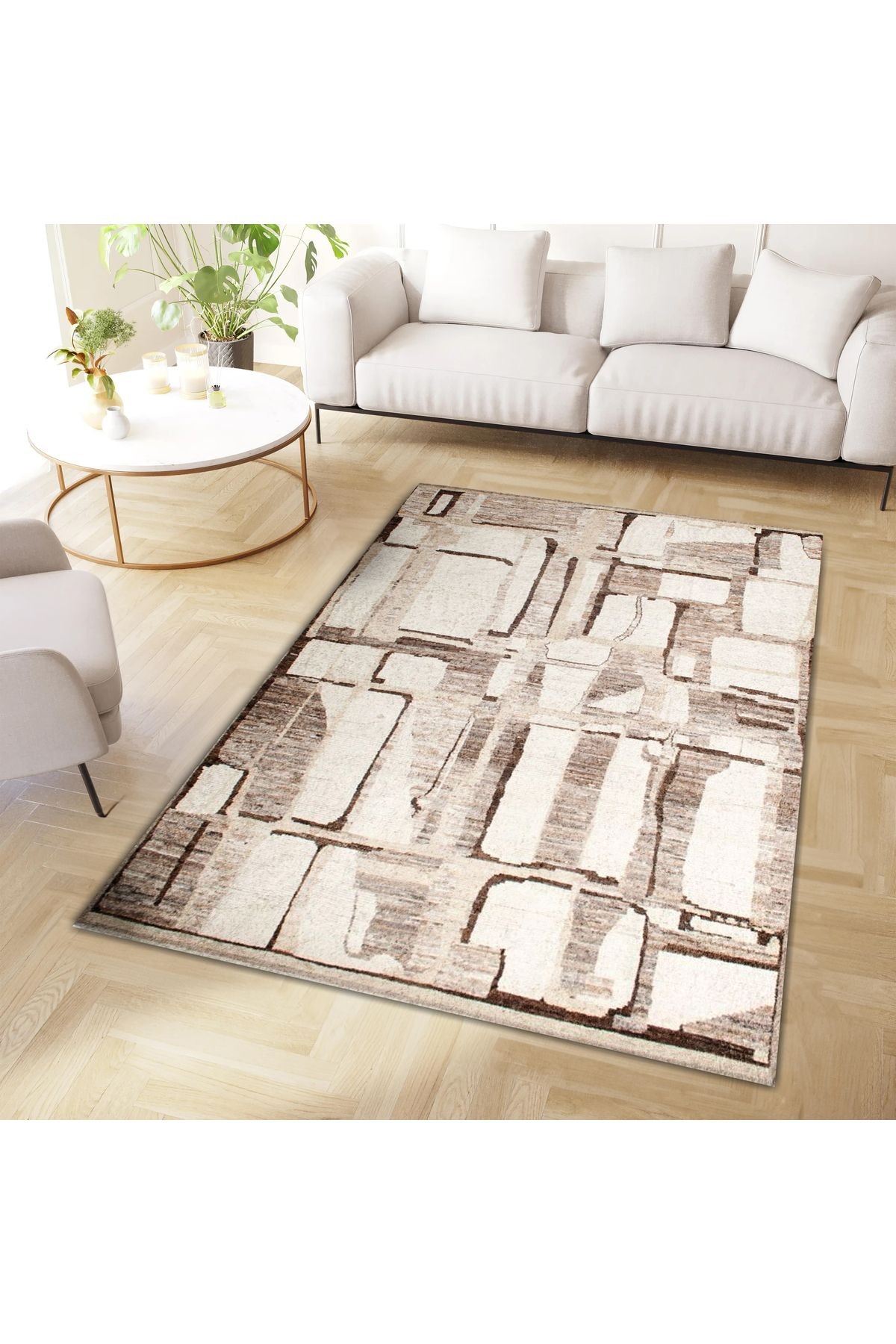 Aysu Koleksiyonu Bej Tonlarda Soyut Desenli Dokuma Taban Modern Dekoratif Halı aysu03
