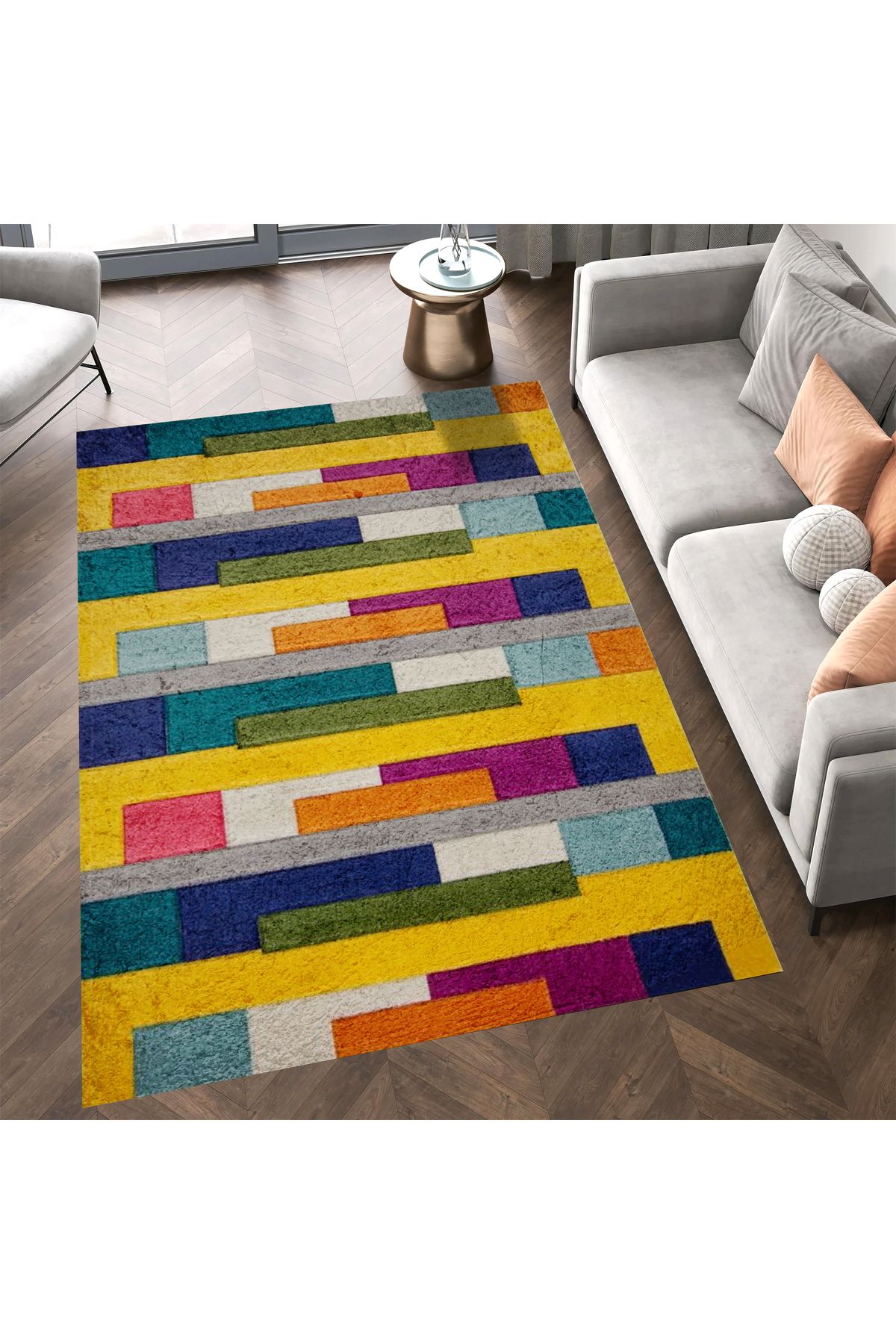 Kuzey Koleksiyonu Çok Renkli Şekiller Dokuma Taban Modern Dekoratif Halı kuzey33
