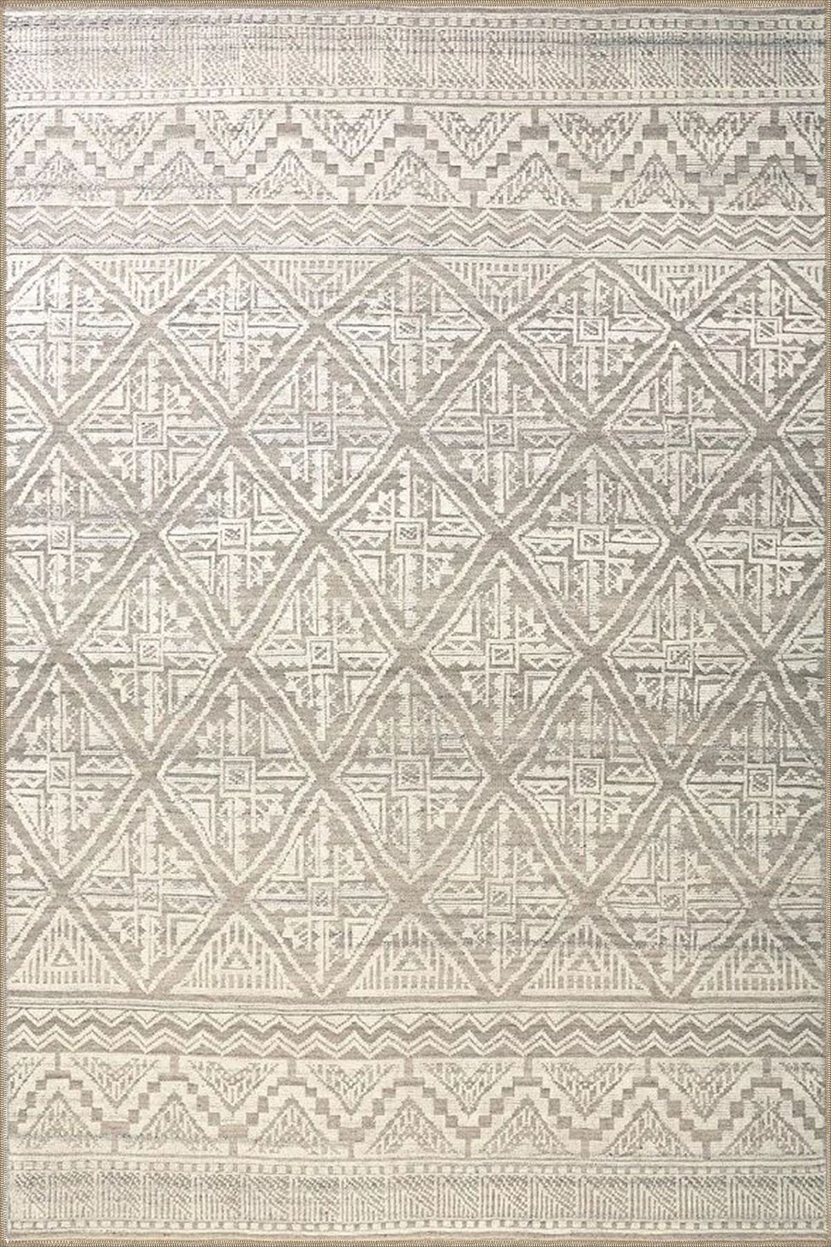 Gri Bej Temalı Motifli Geometrik Desenli Vintage Dekoratif Halı 3940