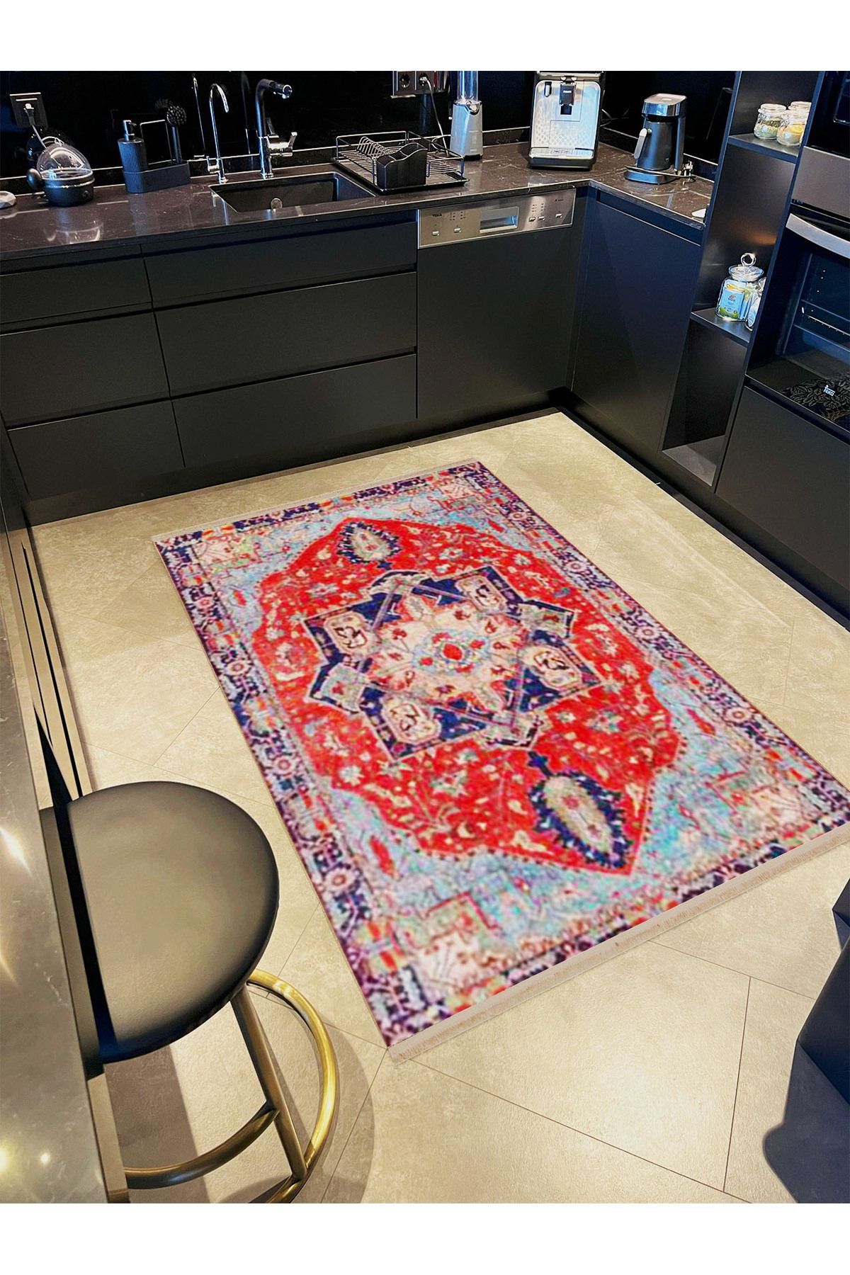 Alya Koleksiyonu Mavi Kırmızı Etnik Desenli Eskitme Görünümlü Dokuma Taban Dekoratif Halı alya11