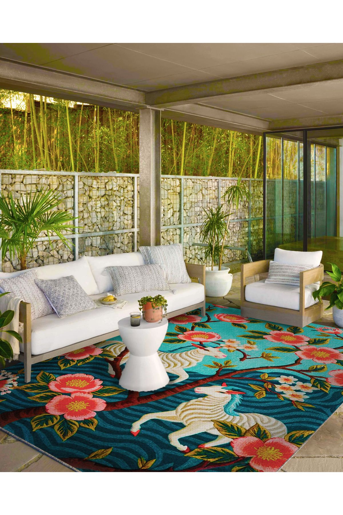 Paris Koleksiyonu Çok Renkli Boynuzlu At ve Çiçek Desenli Modern Dekoratif Halı 58