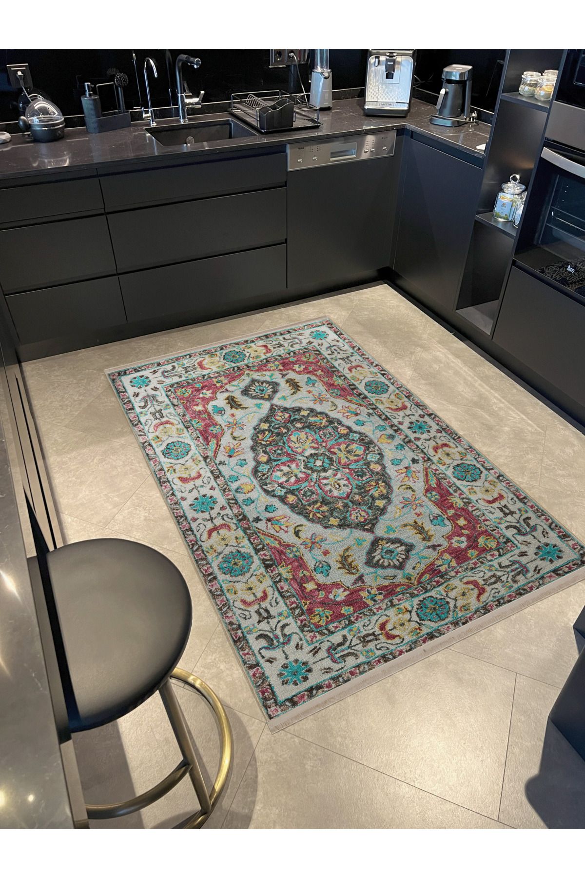Bej Mavi Temalı Geleneksel Motif Etnik Çiçek Desenli Kreatif Vintage Dekoratif Halı 2847
