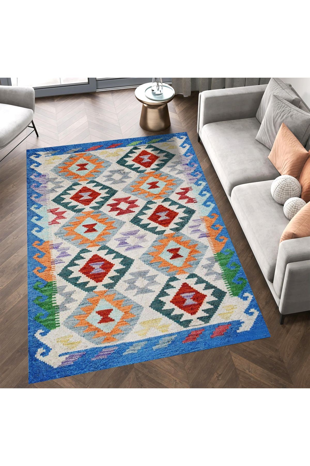 Asena Koleksiyonu Çok Renkli Geometrik Desenli Vintage Dekoratif Halı 06