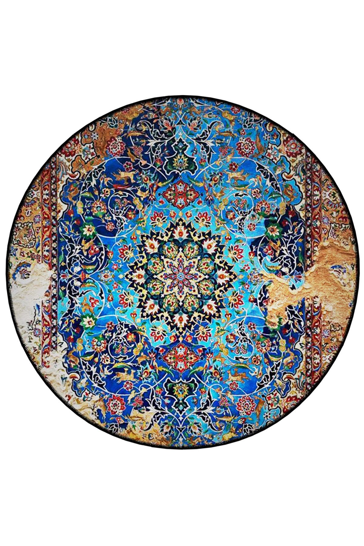 Çok Renkli Soyut Motifli Desenli Yuvarlak Dokuma Taban Vintage Dekoratif Halı 6191