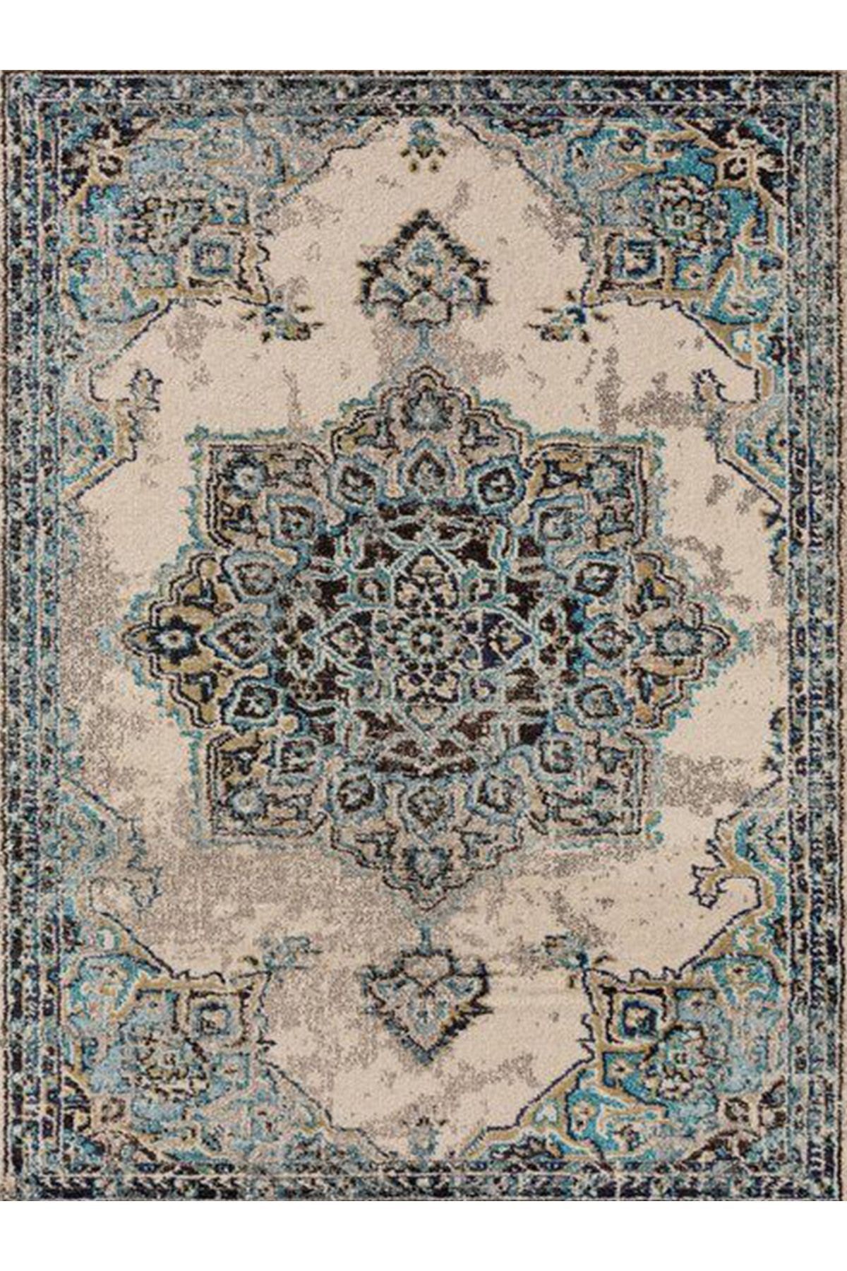 Alya Koleksiyonu Açık Mavi Bej Desenli Dokuma Taban Modern Dekoratif Halı alya14