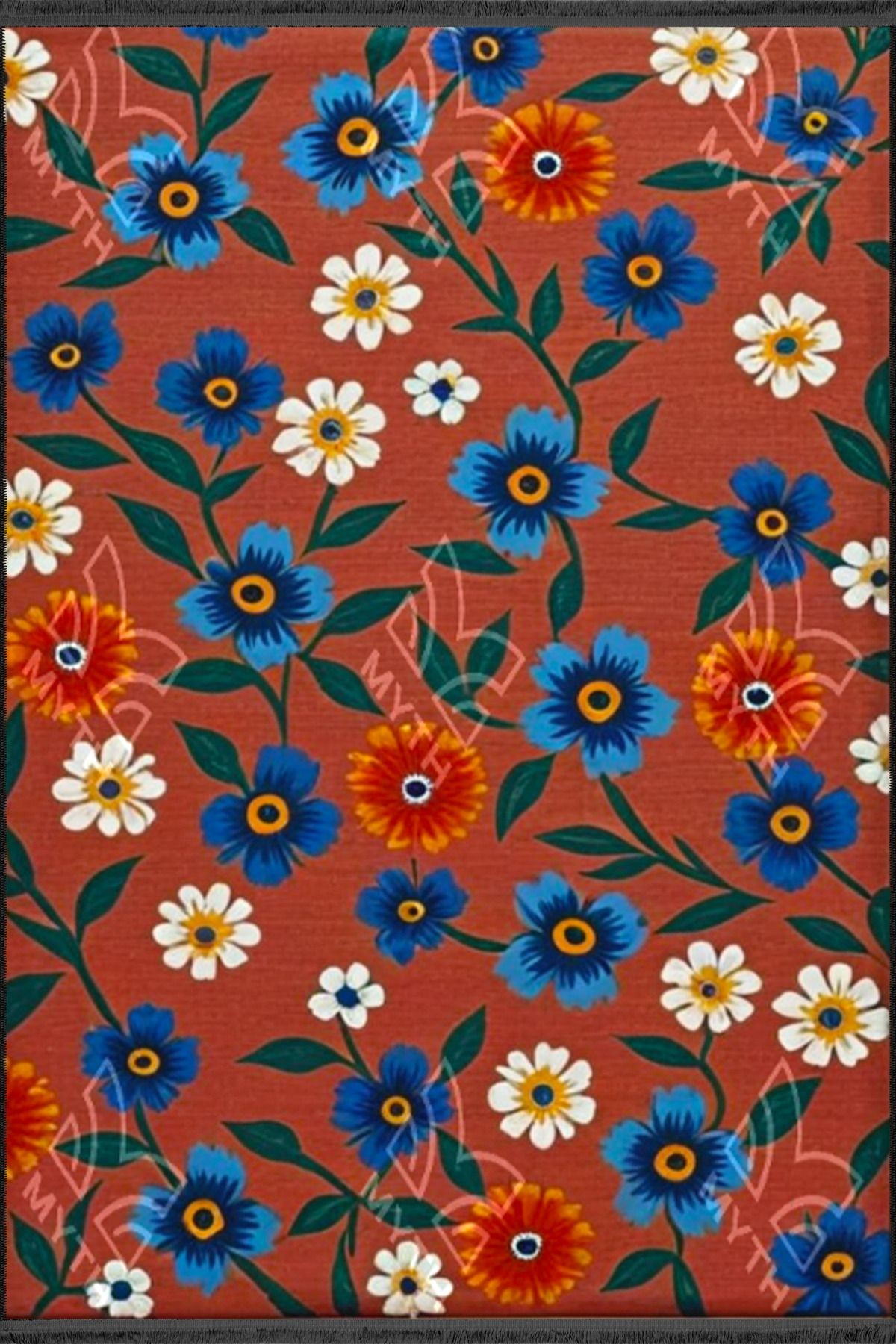 Kırmızı Floral Botanik Desenli Dokuma Taban ve Yıkanabilir Halı MYTH47