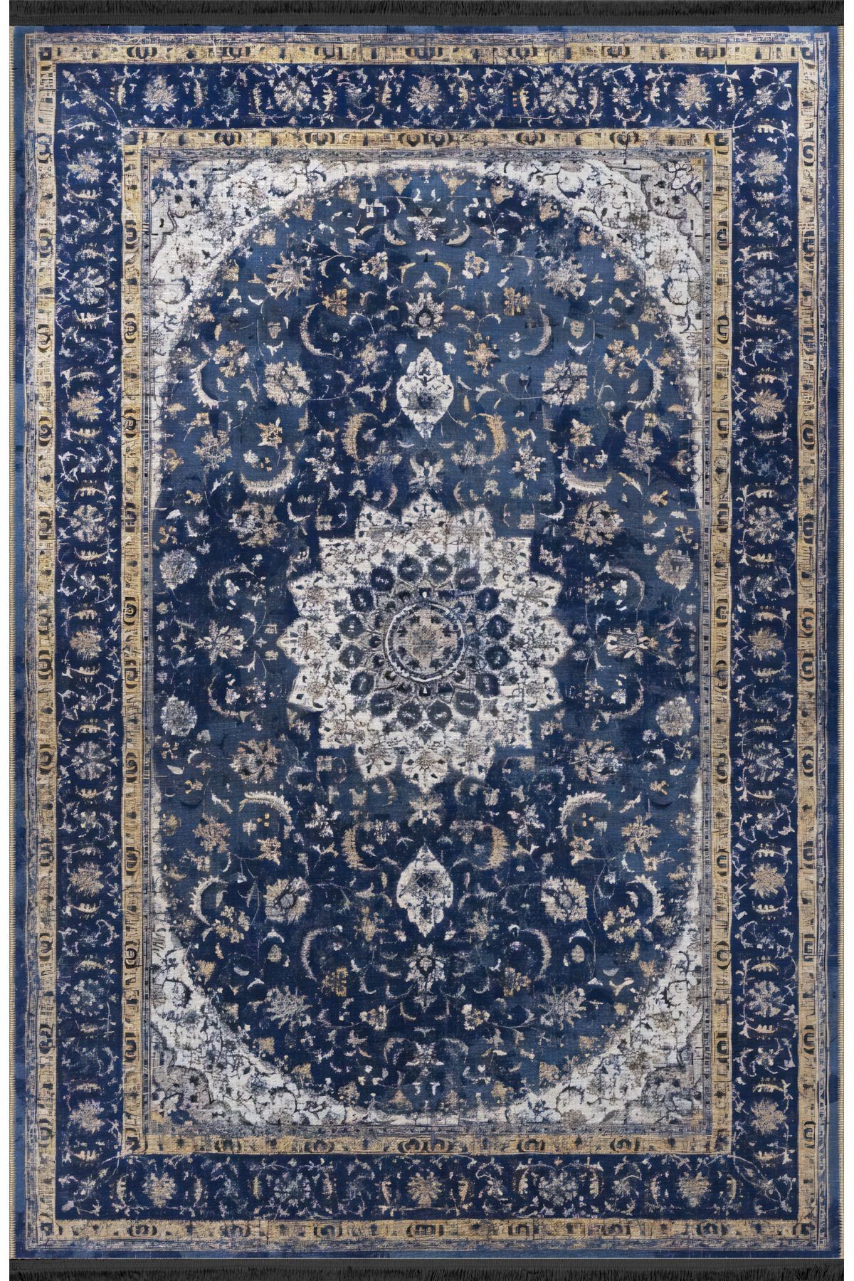 Lacivert Temalı Geleneksel Motif Etnik Desenli Vintage Dekoratif Halı 2437