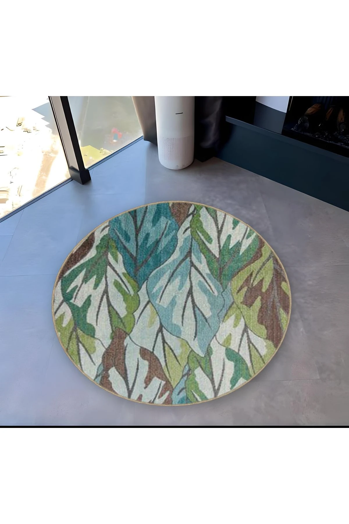 Mira Yuvarlak Yeşil Mavi Yapraklar Dokuma Taban Modern Dekoratif Halı 5572