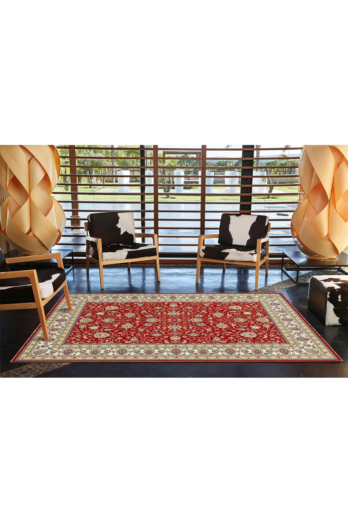 Kırmızı Temalı Motifli Etnik Çiçek Desenli Vintage Dekoratif Halı 4581