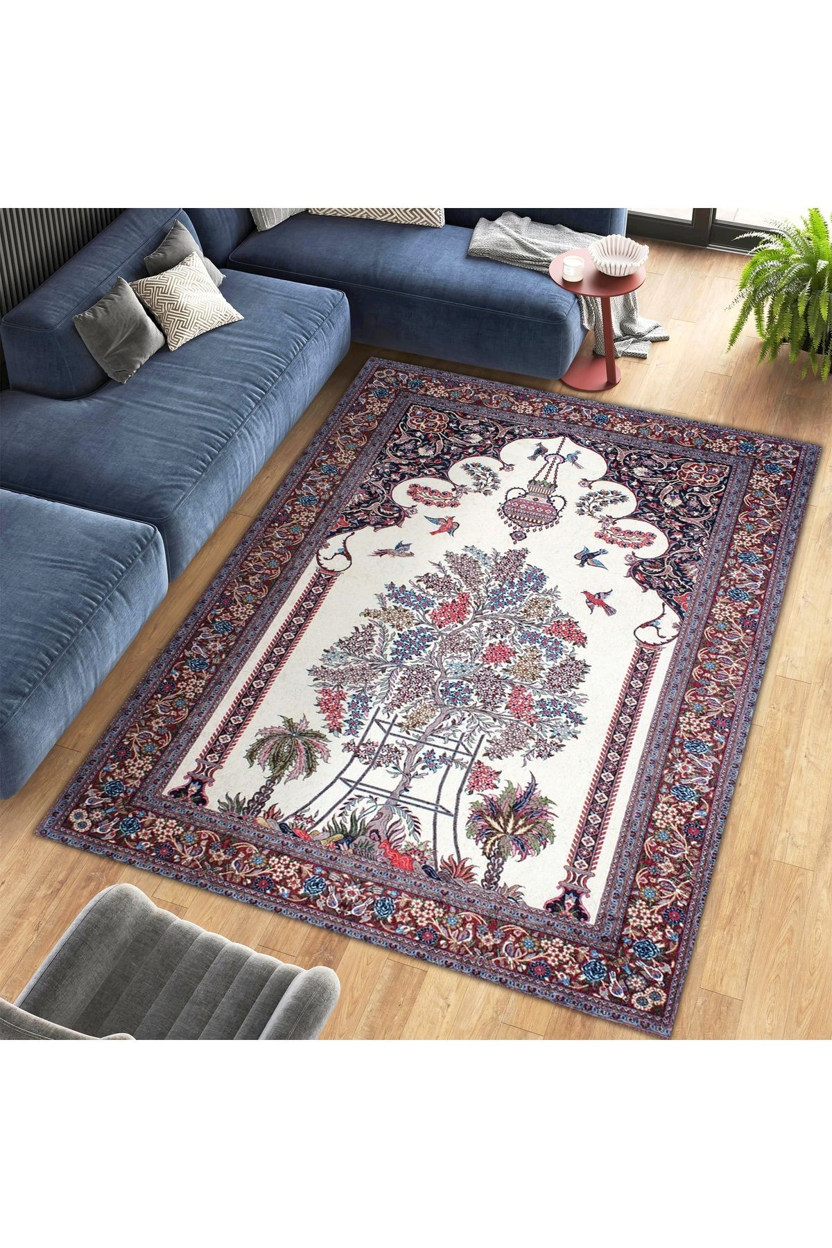 Aysu Koleksiyonu Çok Renkli Çiçek ve Kuş Detaylı Dokuma Taban Modern Dekoratif Halı aysu08