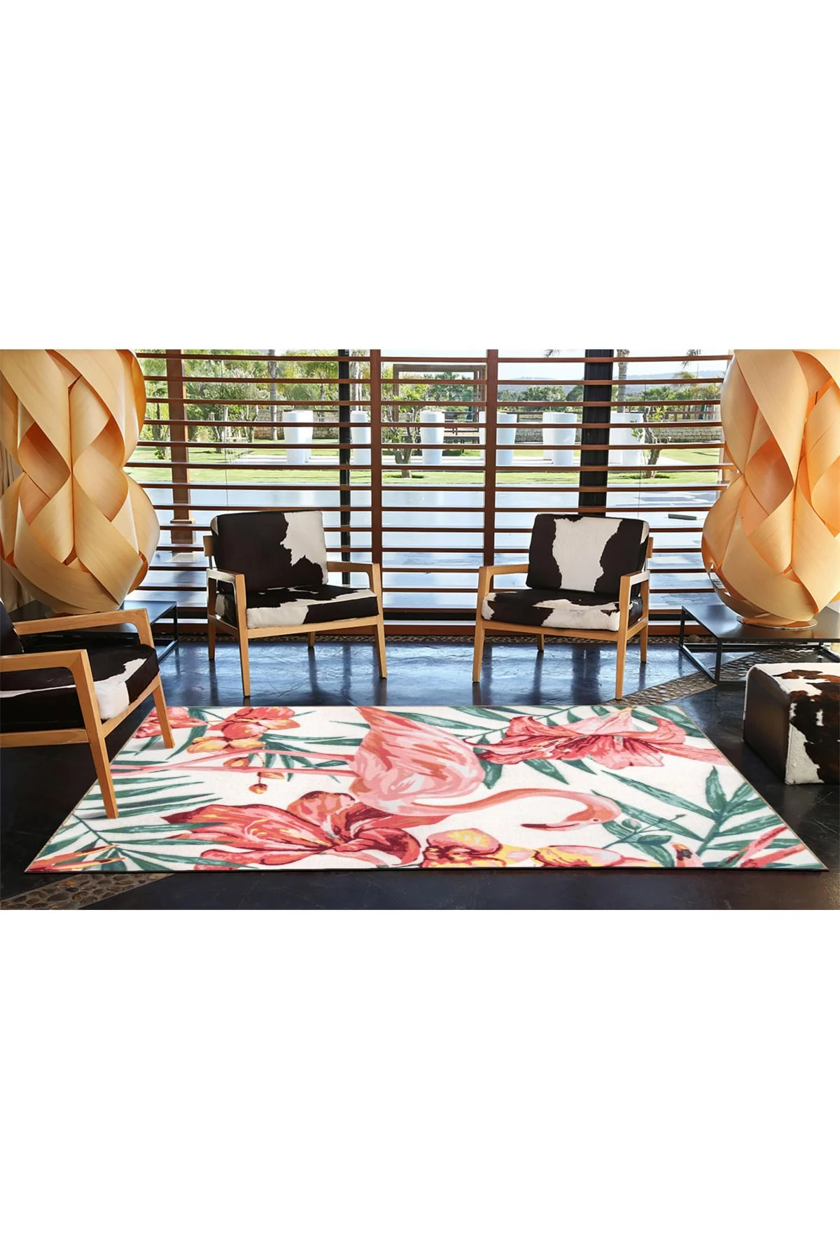 Pembe Yeşil Temalı Çiçek ve Flamingo Desenli Kreatif Modern Dekoratif Halı 3870