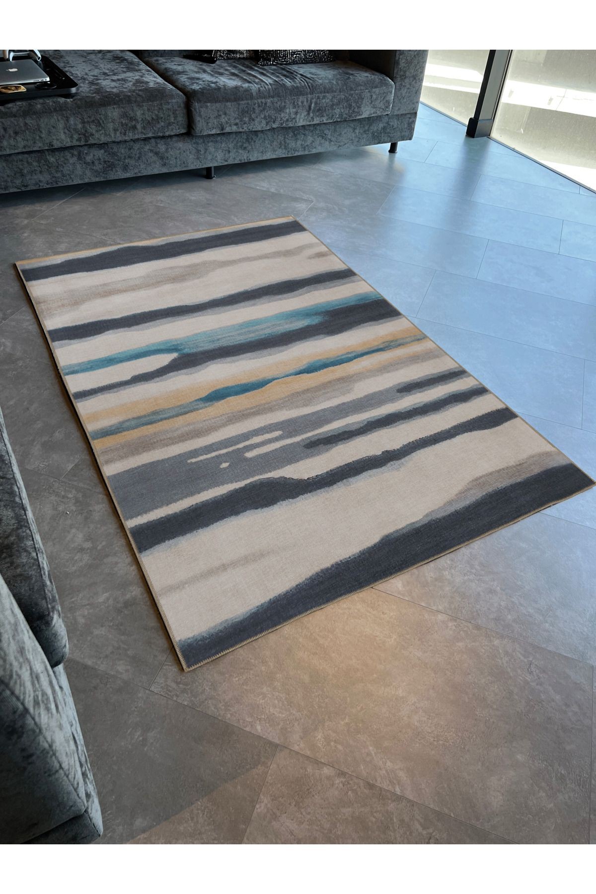 SDNEY Bej Gri Temalı Soyut Şerit Desenli Kreatif Modern Dekoratif Halı 2217