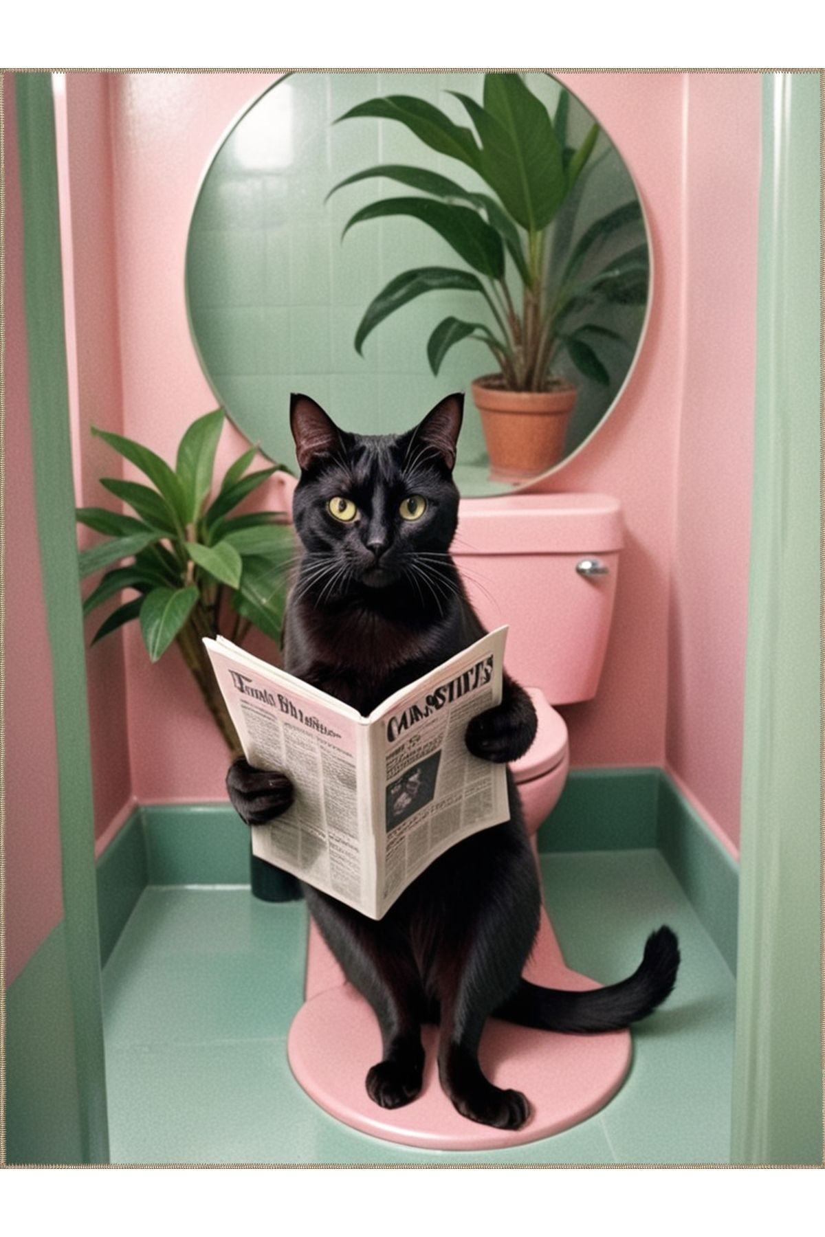 Buse Koleksiyonu Banyoda Gazete Okuyan Siyah Kedi Desenli Dokuma Taban Modern Dekoratif Halı buse35