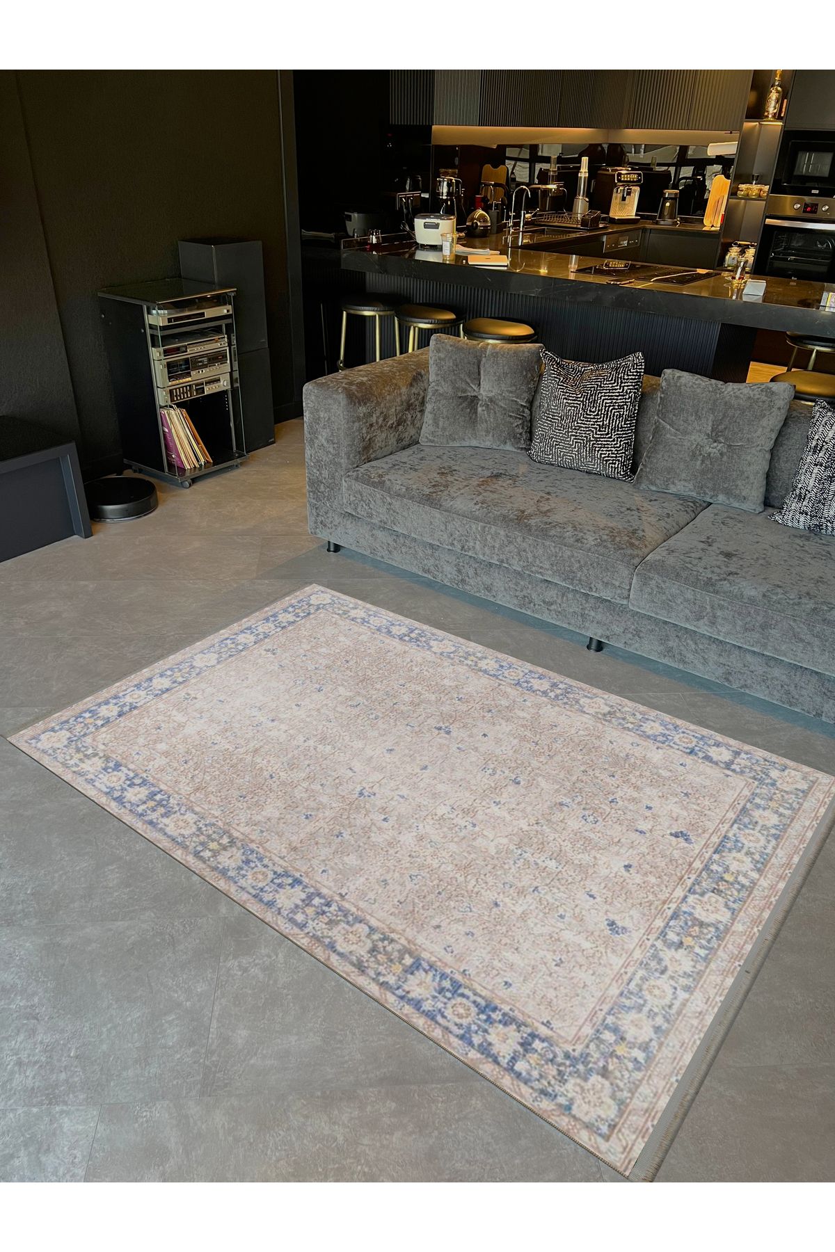 Güney Koleksiyonu Bej Mavi Tema Kenar Motifli Klasik Desenli Vintage Dekoratif Halı 17