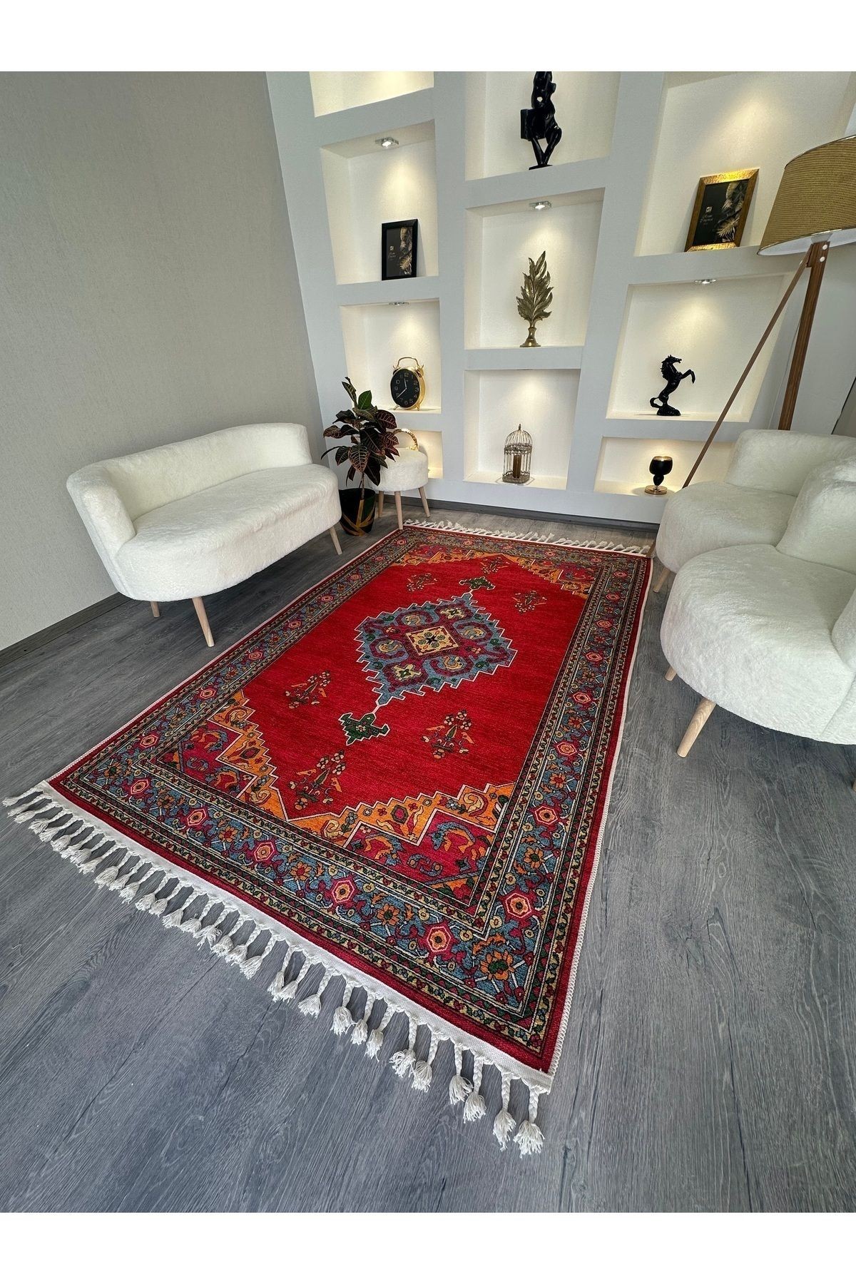 Opal Kırmızı Antik Desenli Püskül Detaylı Dokuma Taban Modern Dekoratif Halı opal09