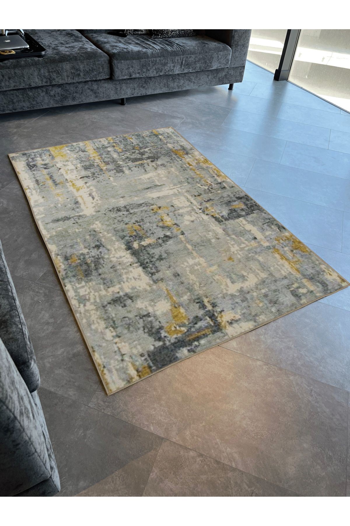 Mavi Sarı Temalı Soyut Abstract Desenli Kreatif Modern Dekoratif Halı 3187