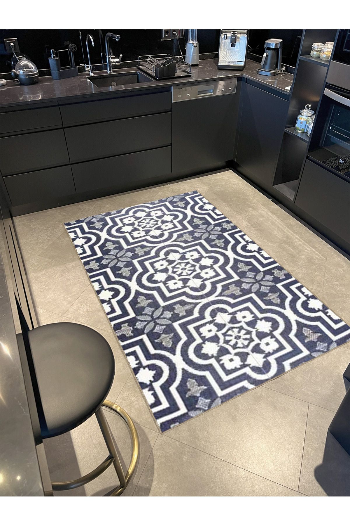 Lacivert Bej Temalı Geleneksel Motif Etnik Desenli Vintage Dekoratif Halı 4764