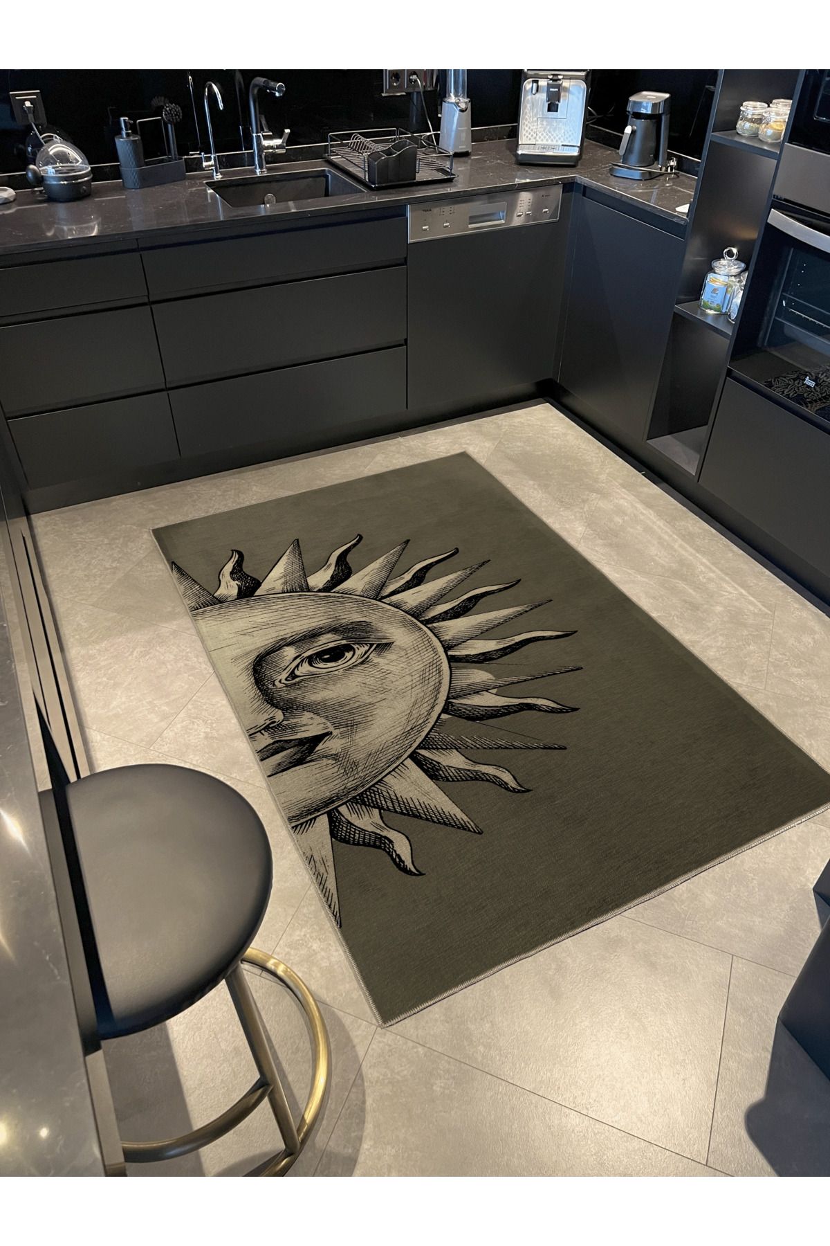 Gri Temalı Güneş İçi Yüz Desenli Kreatif Modern Dekoratif Halı 2155