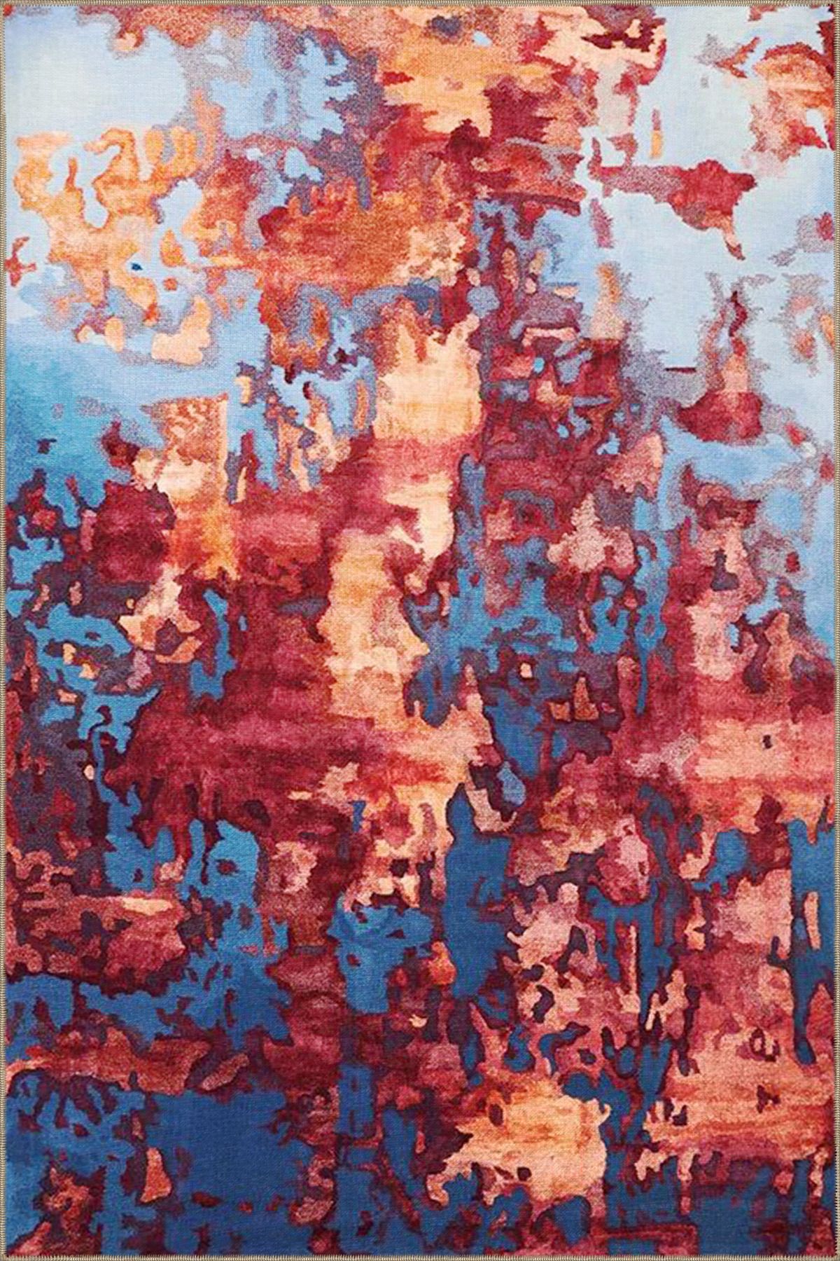 Kırmızı Mavi Temalı Soyut Abstract Desenli Modern Dekoratif Halı 3935