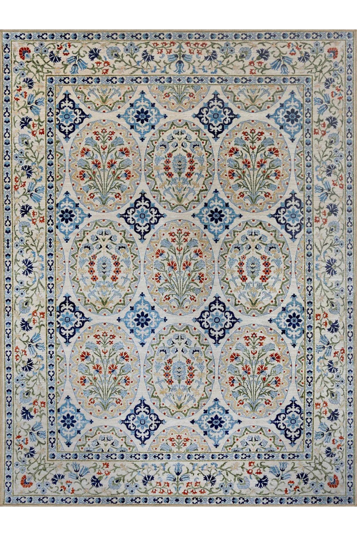 Hilal Koleksiyonu Mavi Bej Çini Desenli Dokuma Taban Modern Dekoratif Halı hilal03