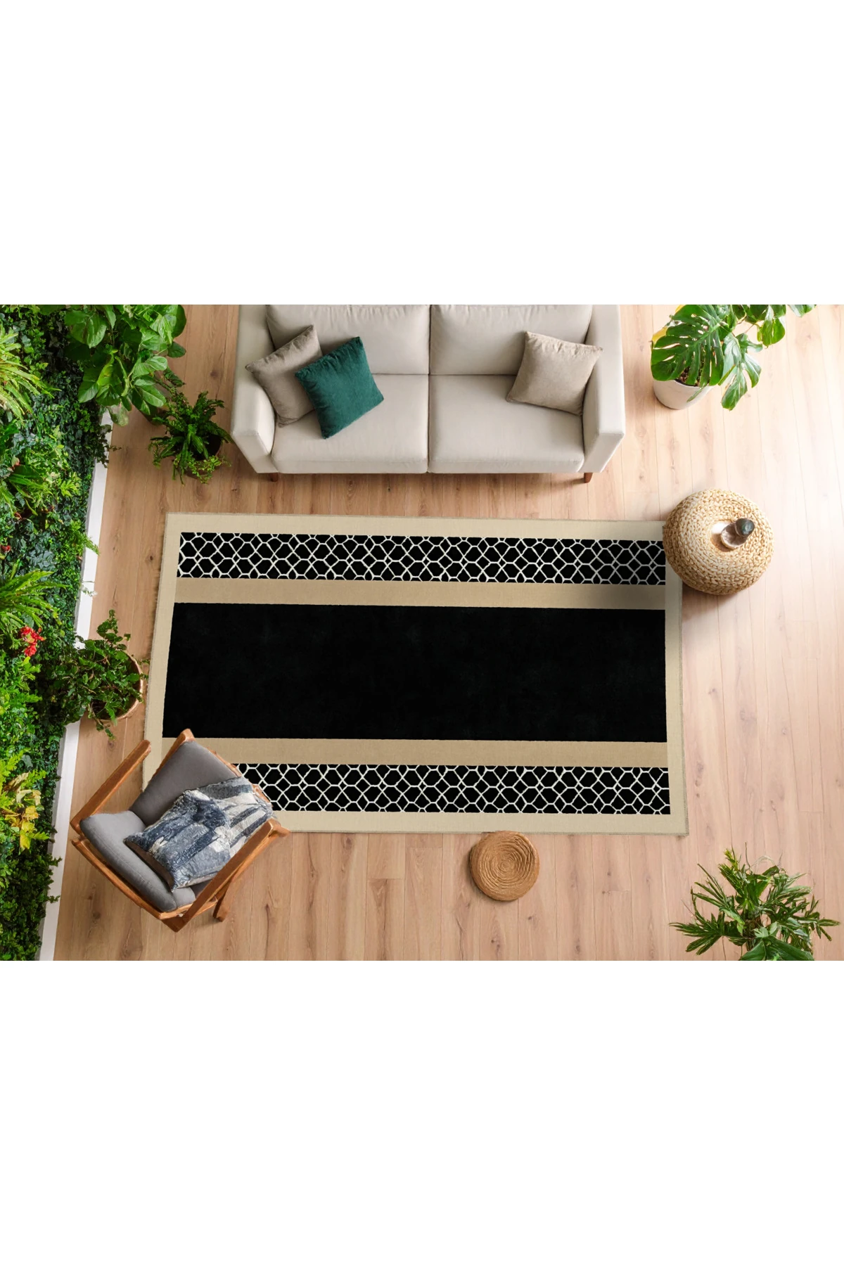 MOSSO Siyah Bej Temalı Soyut Zarif Desenli Dokuma Taban Modern Dekoratif Halı mosso324