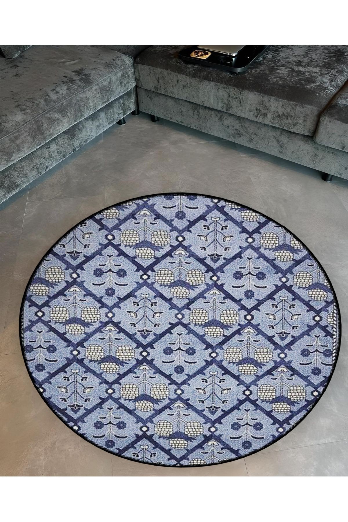 Mira Yuvarlak Lacivert Mavi Beyaz Etnik Desenli Dokuma Taban Modern Dekoratif Halı 5638