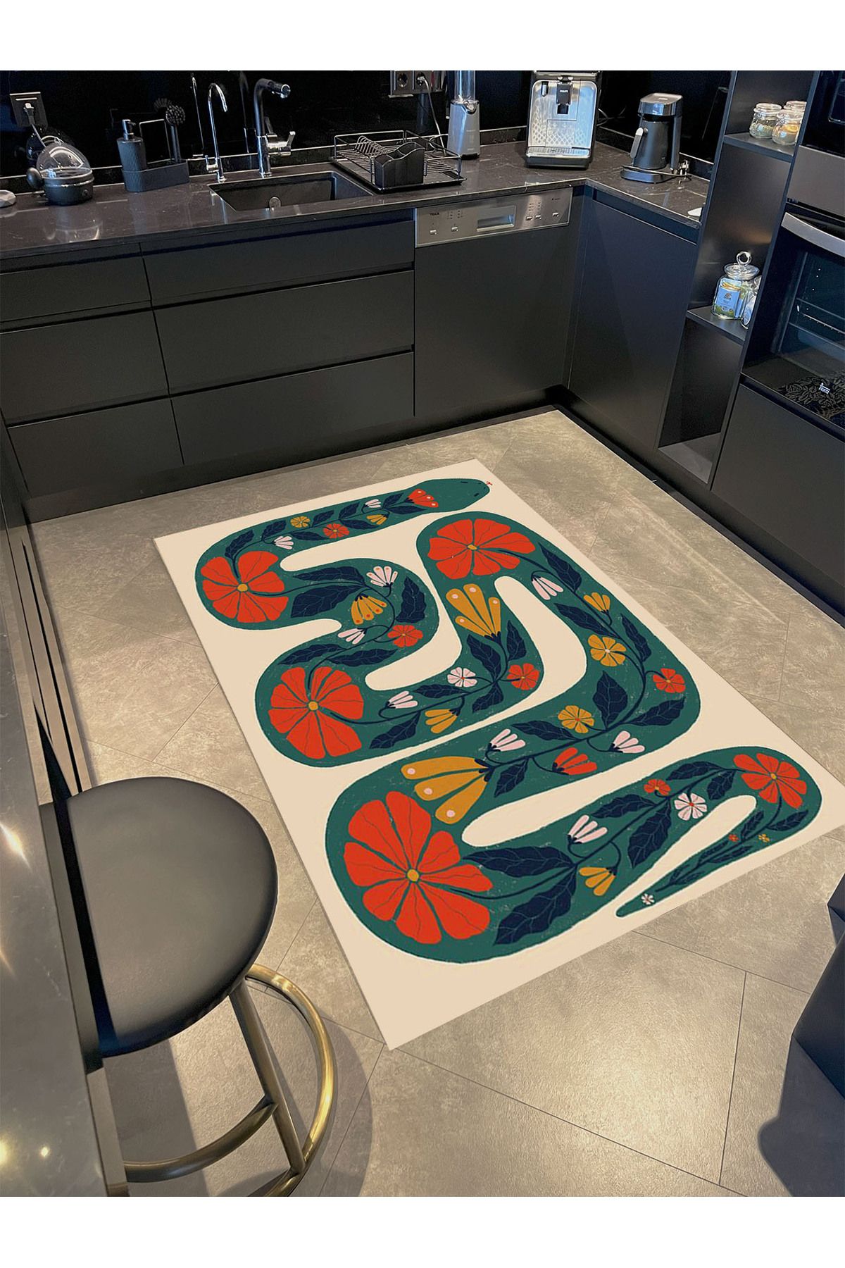 Ebru Koleksiyonu Yeşil Turuncu Çiçek Detaylı Yılan Desenli Dokuma Taban Modern Dekoratif Halı ebru20