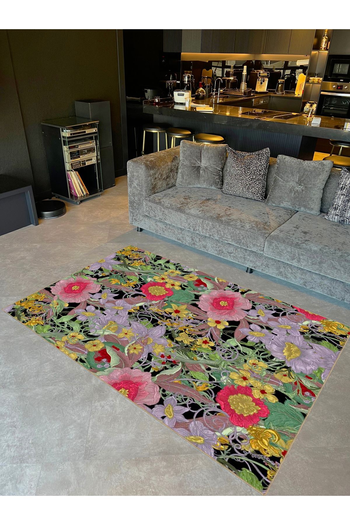 Semih Koleksiyonu Çok Renkli Floral Karma Çiçekler Desenli Dokuma Taban Modern Dekoratif Halı 43