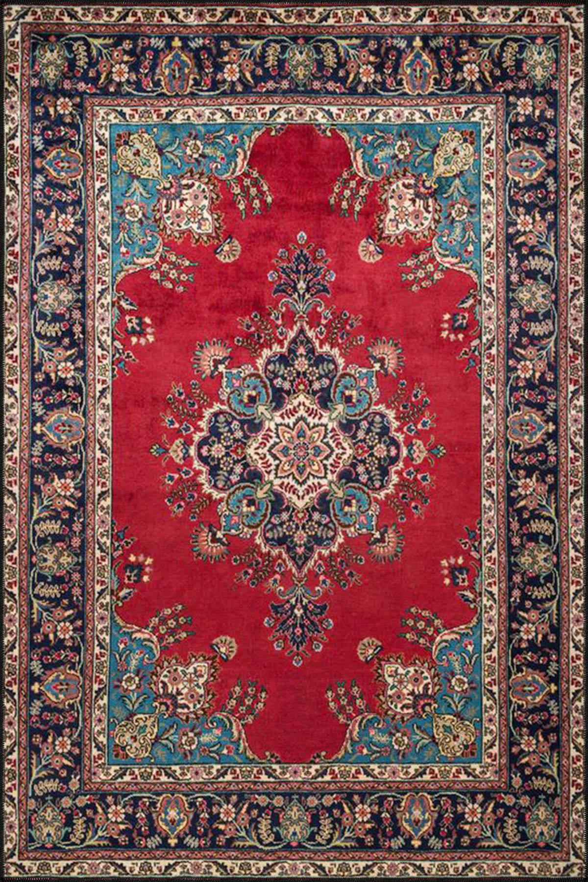 Siyah Kırmızı Geometrik ve Geleneksel Desenli Modern Dekoratif Halı 4477