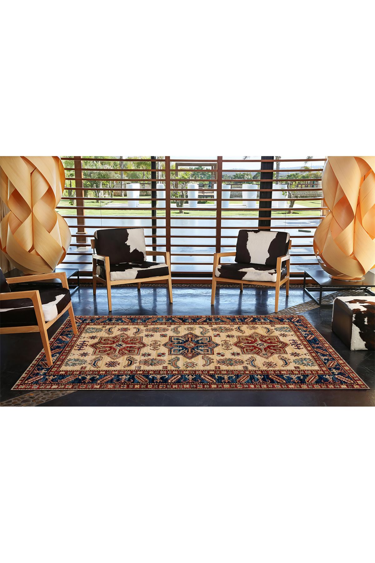 Mavi Krem Yıldızlı Geleneksel Desenli Dokuma Taban Halı miravip126