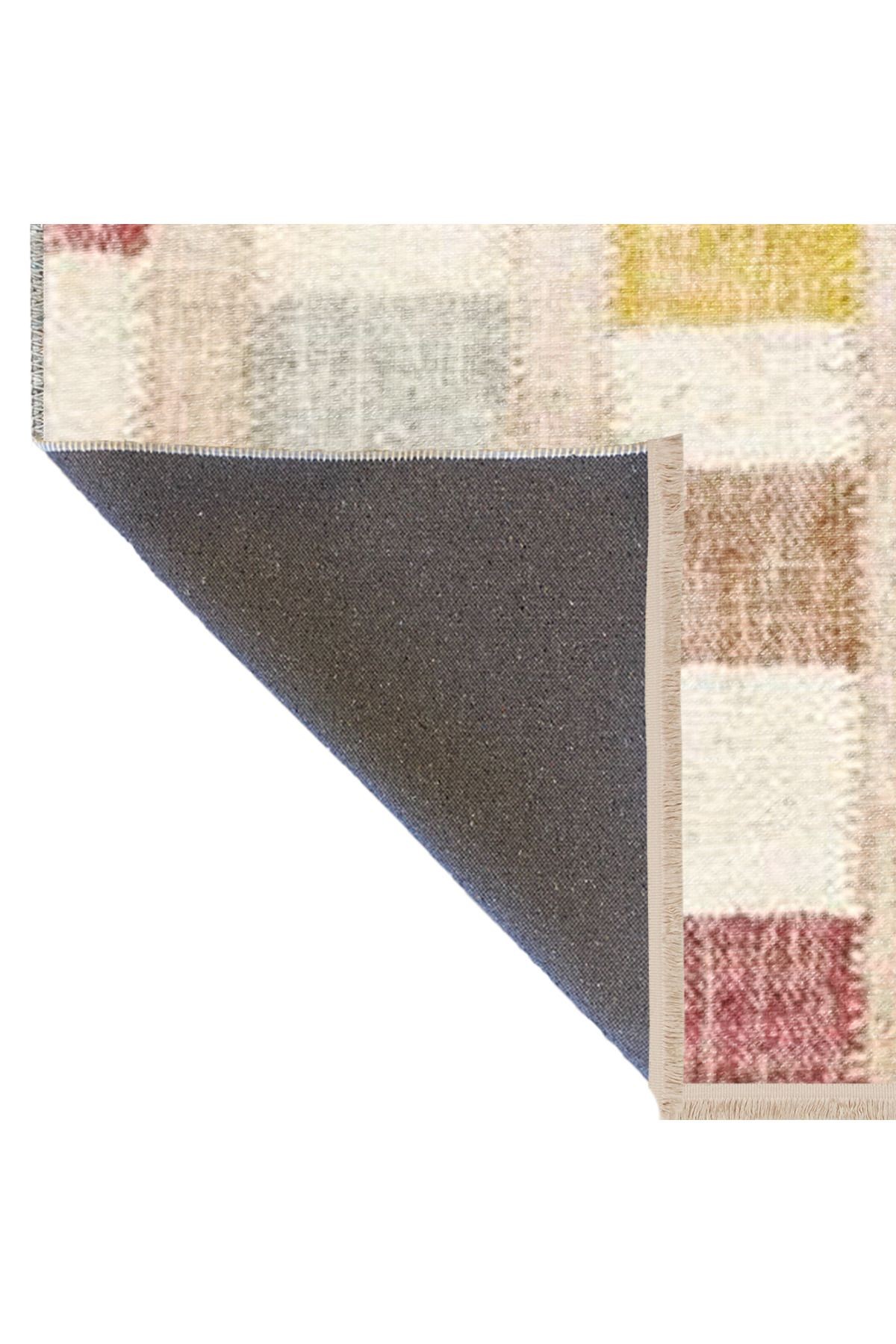 Açık Ton Çok Renkli Geometrik Desenli Saçaklı Vintage Dekoratif Halı 3196