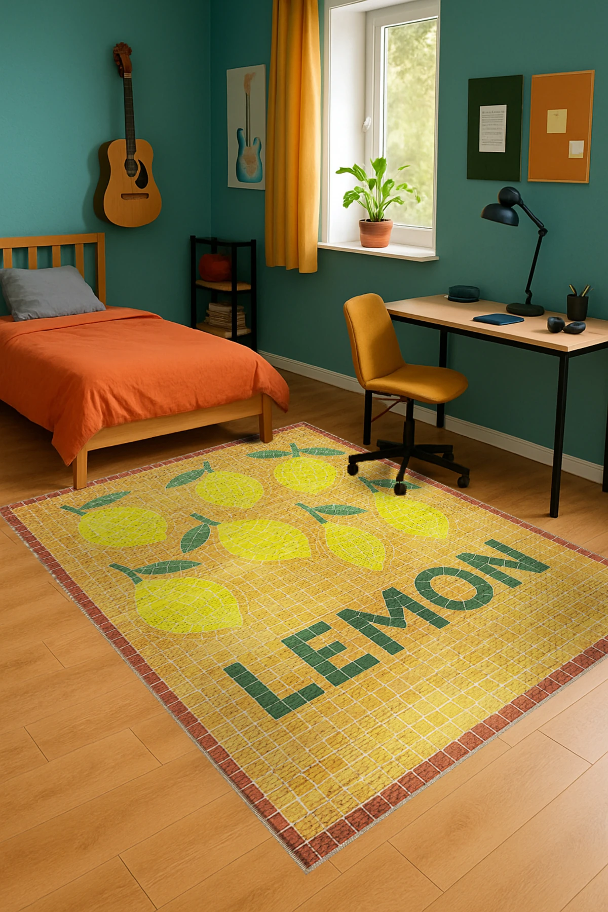 MOSSO LEMON Yazılı Desen Dokuma Taban Vintage Dekoratif Halımosso996