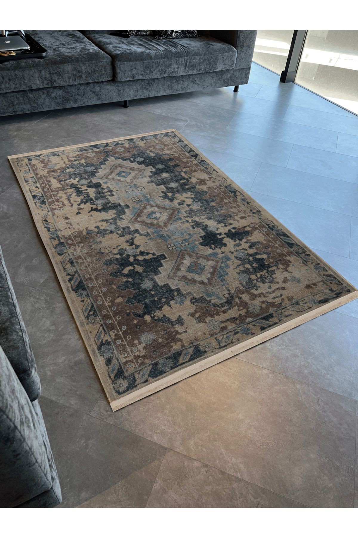 Açık Ton Çok Renkli Soyut Geleneksel Motif Desenli Vintage Dekoratif Halı 2981