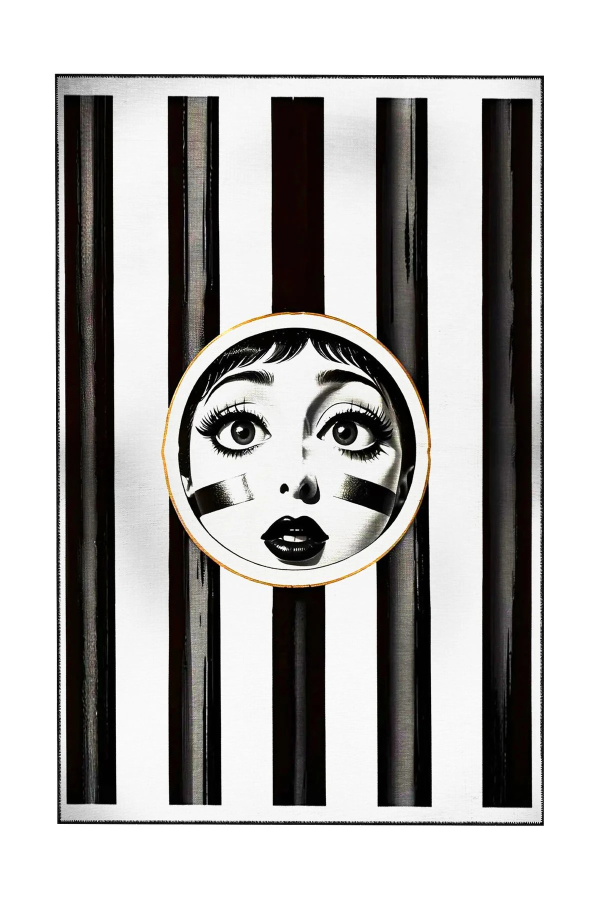 Siyah Beyaz Çizgi Temalı Kadın Yüz Desenli Dokuma Taban Halı ve Yıkanabilir Halı miraface04