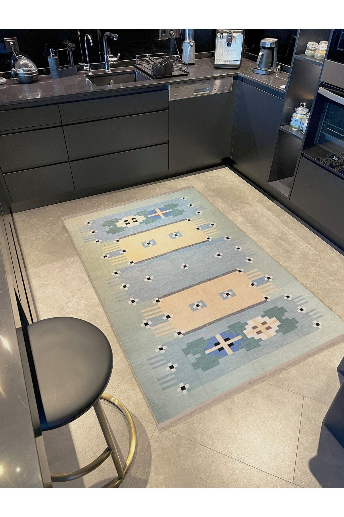 Hilal Koleksiyonu Soft Tonlarda Yeşil Mavi Geometrik Desenli Dokuma Taban Dekoratif Halı hilal18