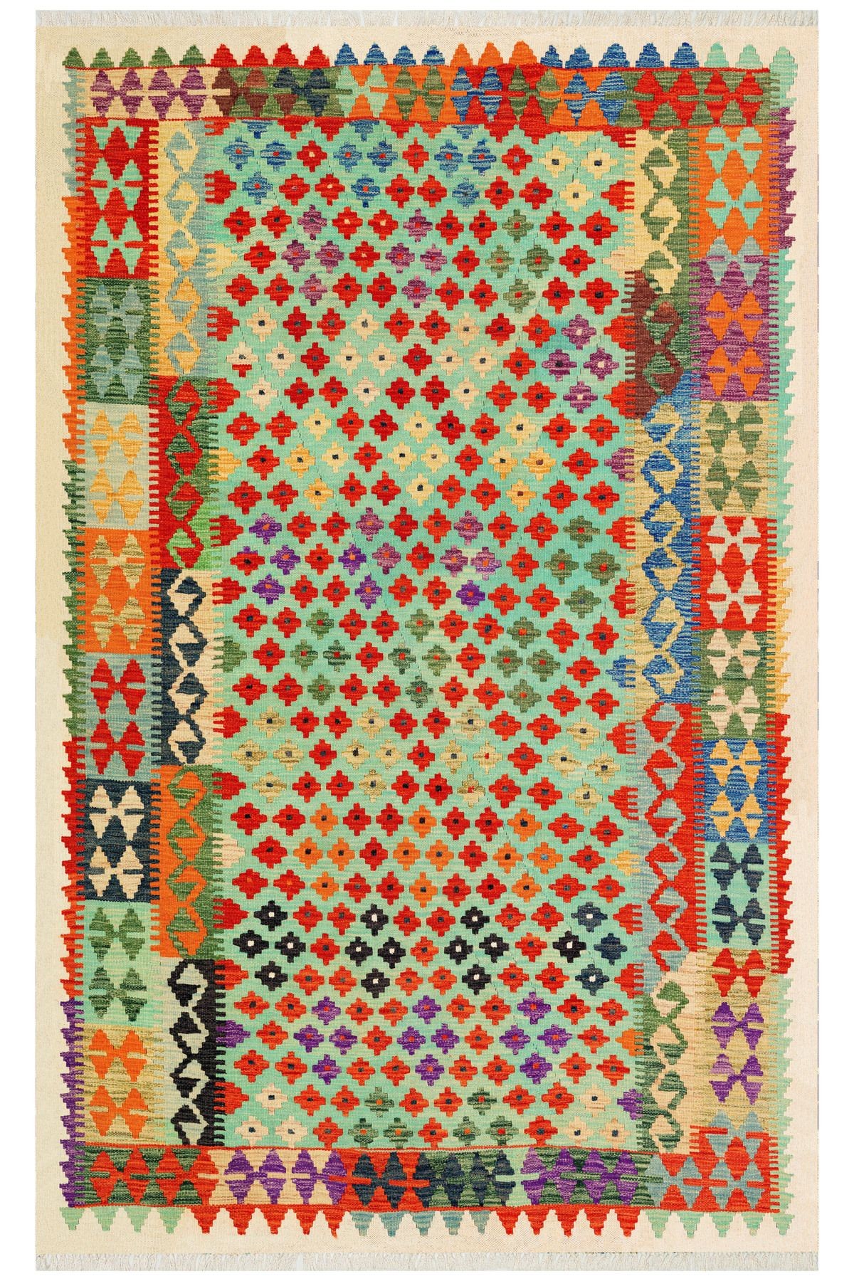 Cotton 572 Otantik Çok Renkli Saçaklı Etnik Dokuma Taban Kilim