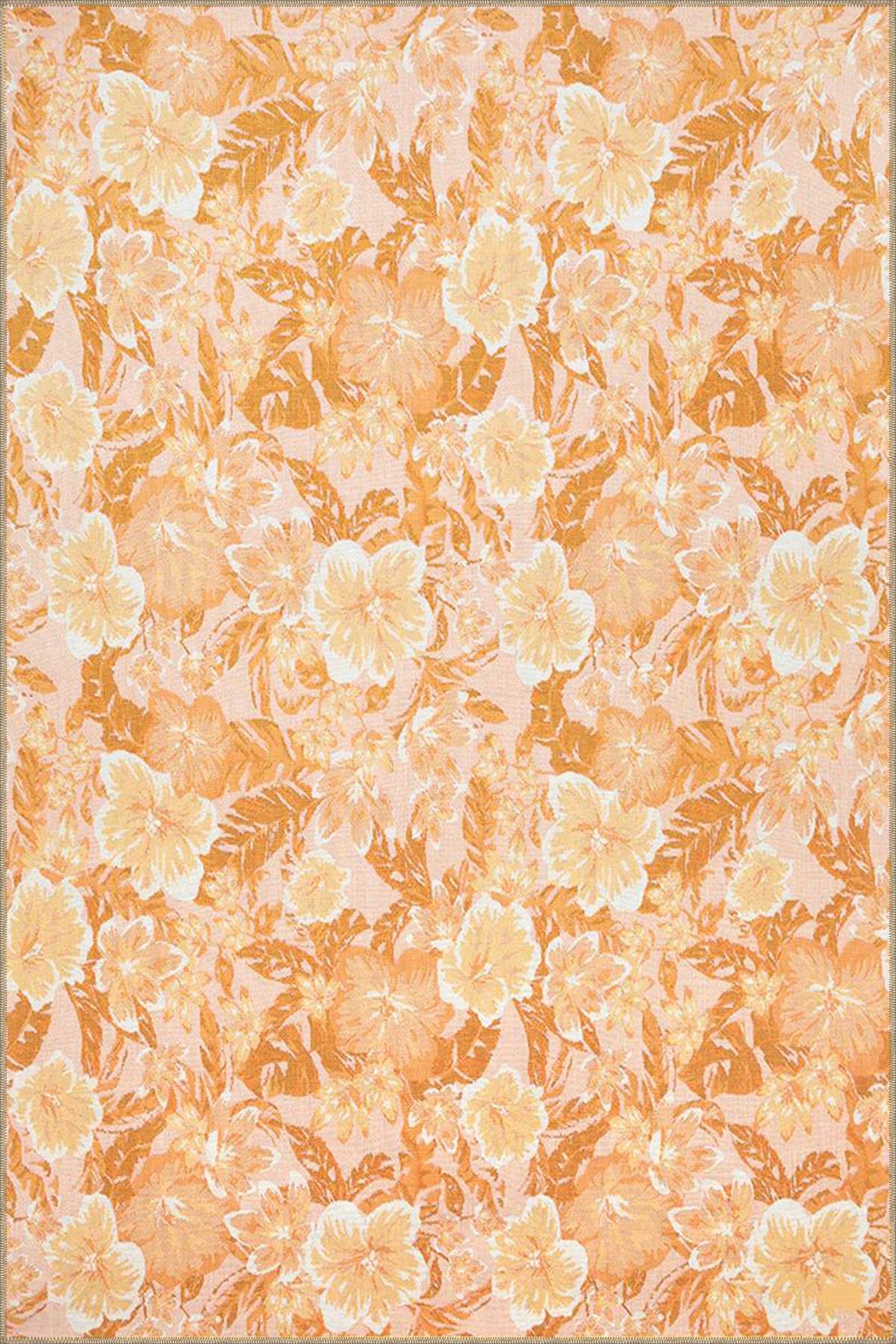 Turuncu Çiçekli Floral Modern Dekoratif Halı miravip210