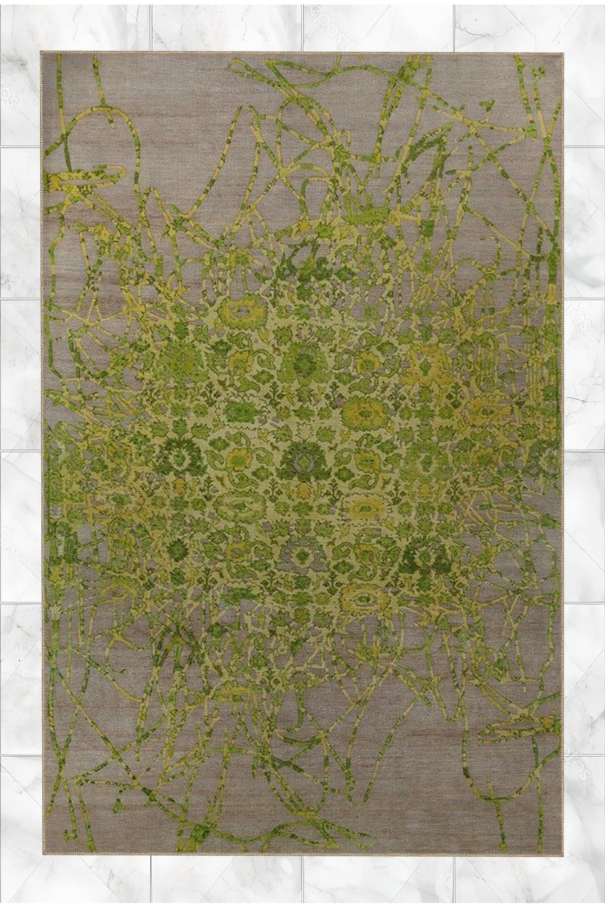 Açık Yeşil ve Gri Temalı Soyut Geleneksel Motif Desenli Vintage Dekoratif Halı 5173