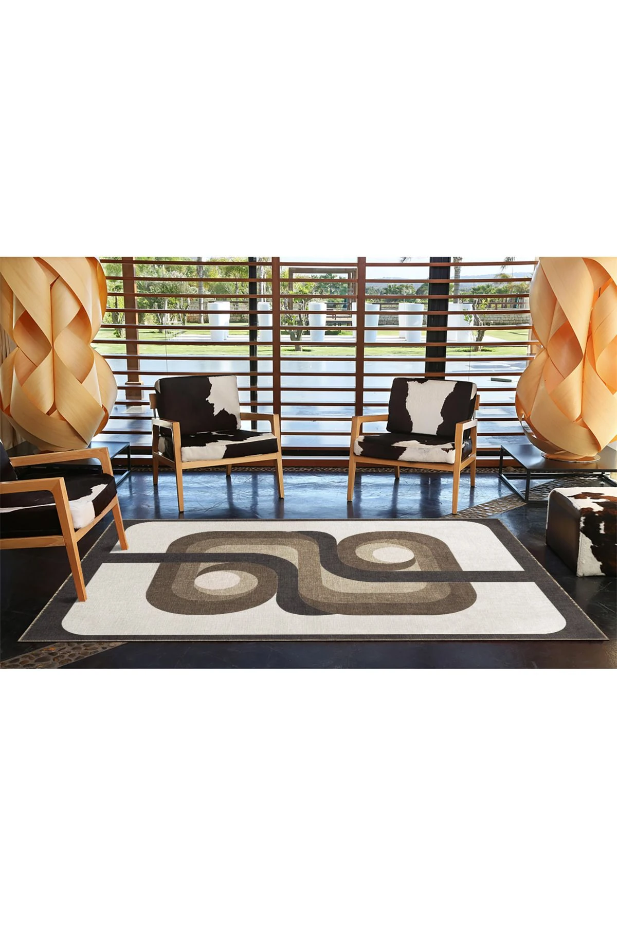 Kahverengi Bej Temalı Soyut Abstract Desenli Modern Dekoratif Halı 3411