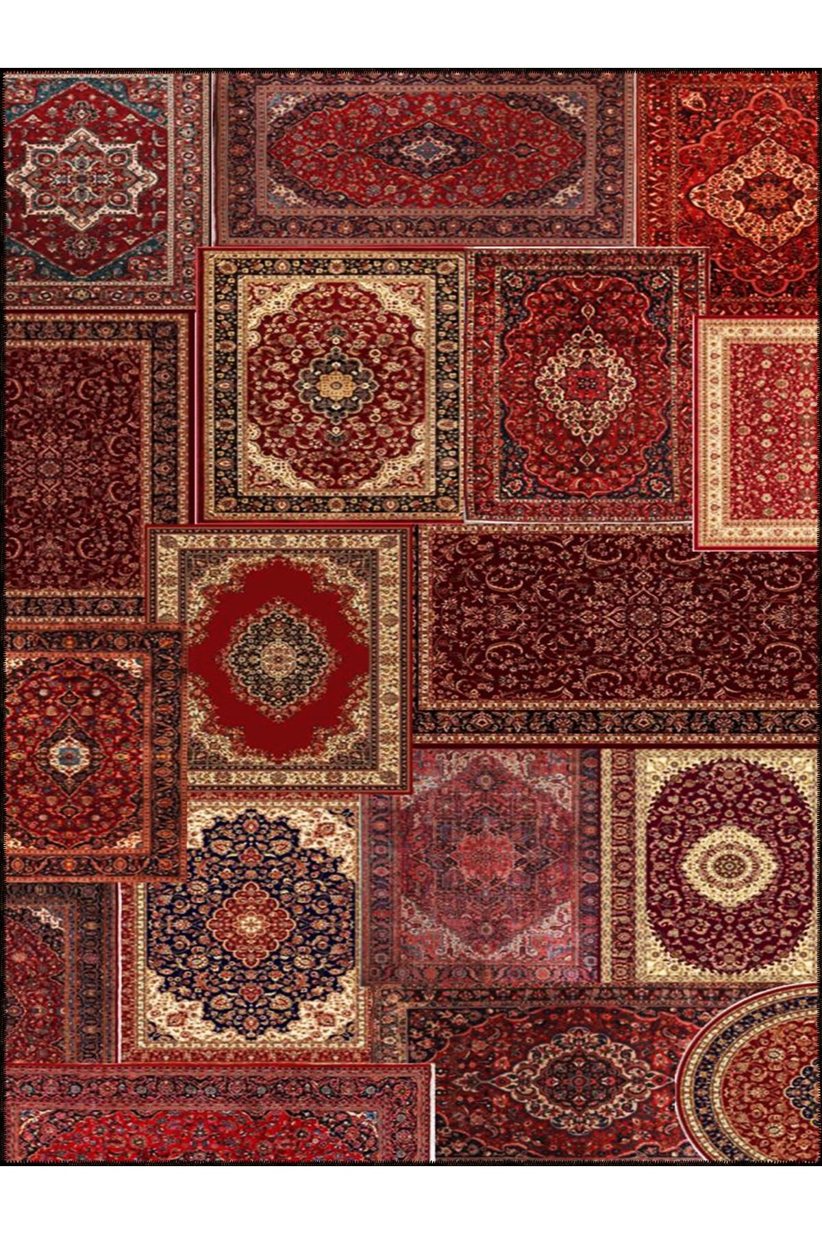 Kuvars Koleksiyonu Kırmızı Vintage Motifler Desenli Dokuma Taban Etnik Dekoratif Halı kuvars30