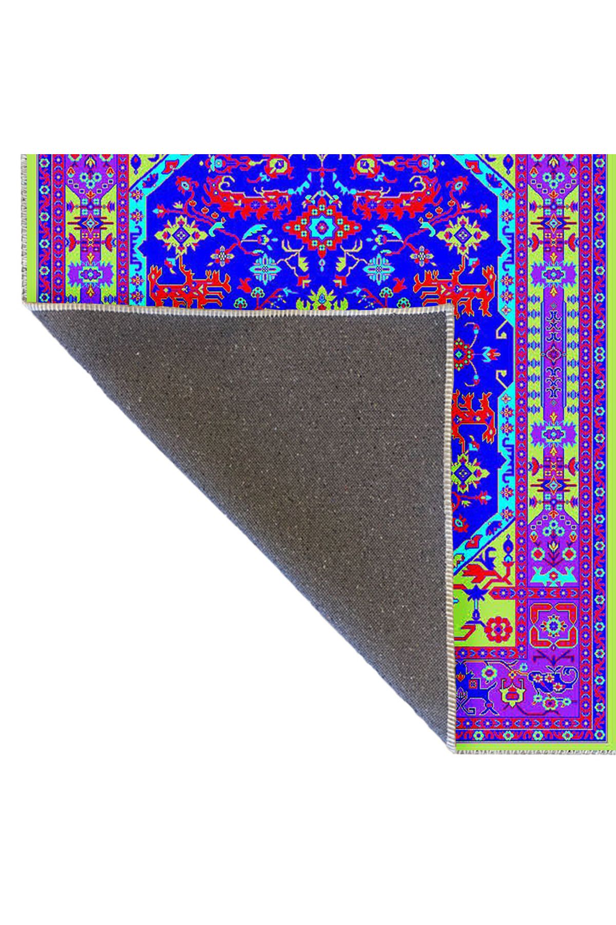 Aynur Koleksiyonu Mor Temalı Yeşil Mavi Desenli Dokuma Taban Dekoratif Halı aynur53