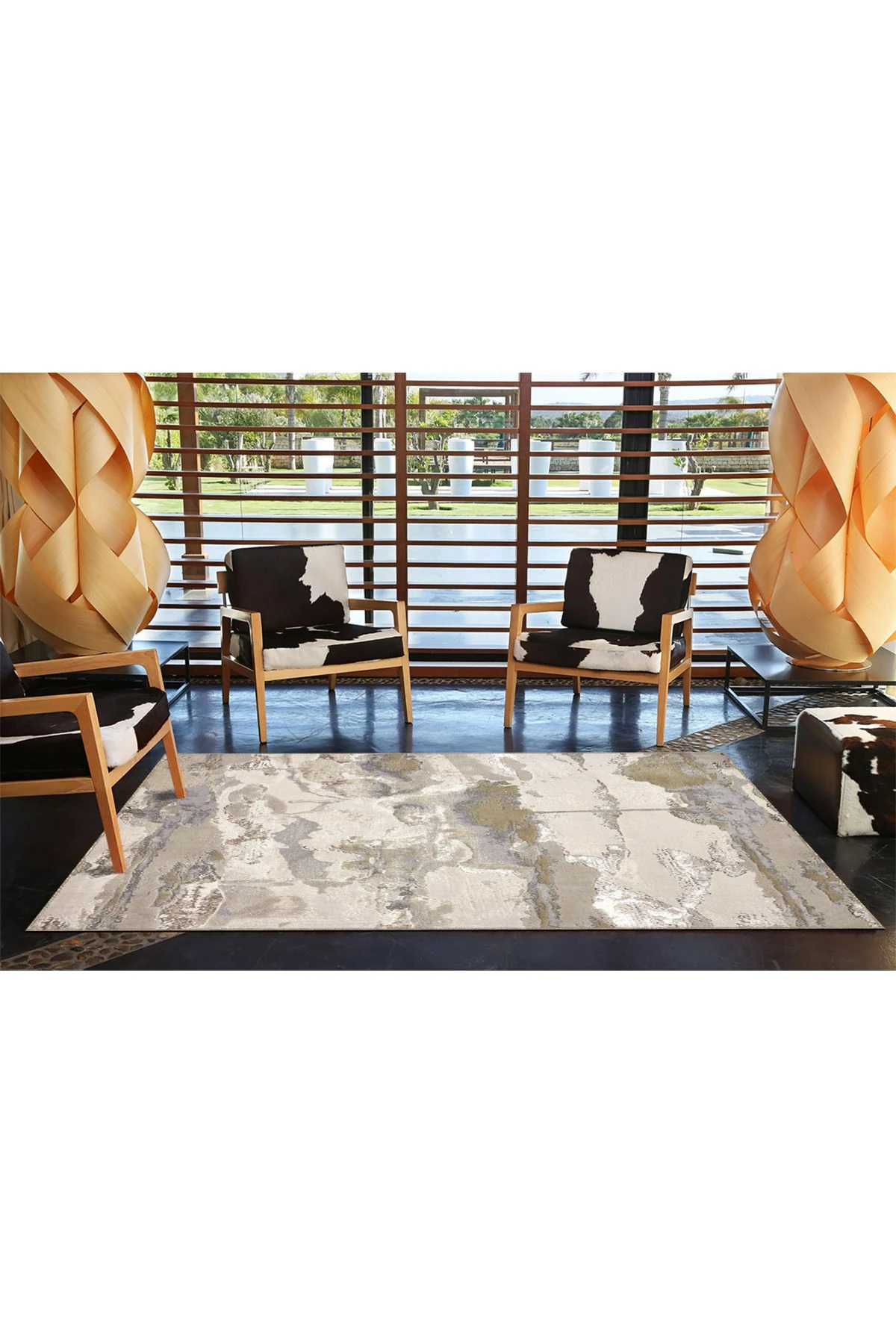 Bej Gri Temalı Soyut Desenli Kreatif Modern Dekoratif Halı 3956