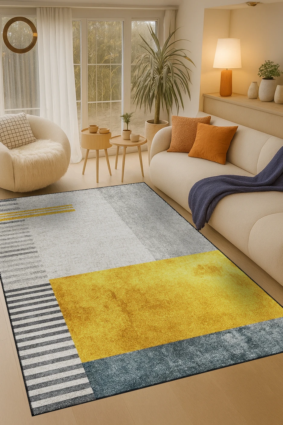 MOSSO Sarı Gri Tonlarda Soyut Geometrik Desenli Dokuma Taban Modern Dekoratif Halı mosso1047