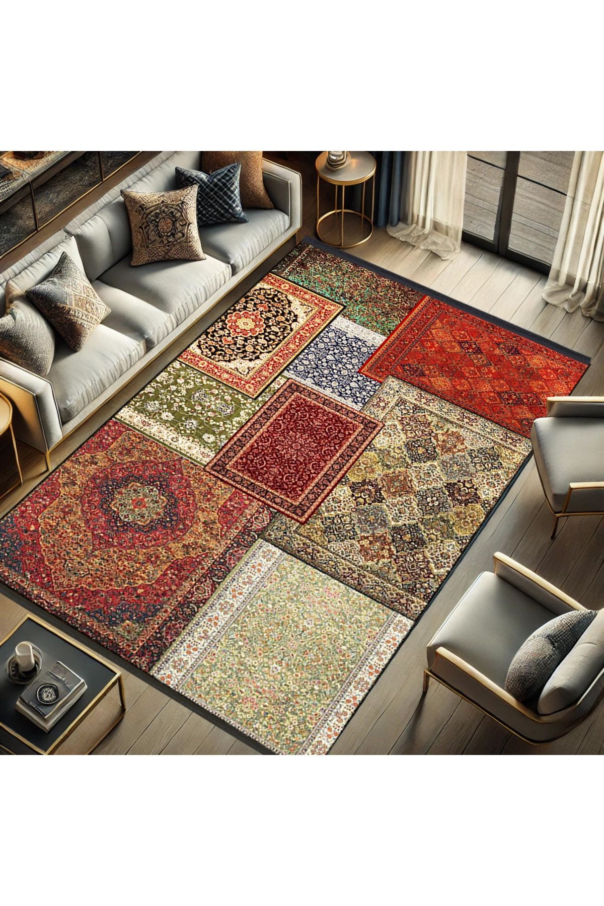 Kuvars Koleksiyonu Çok Renkli Vintage Motifler Desenli Dokuma Taban Etnik Dekoratif Halı kuvars20