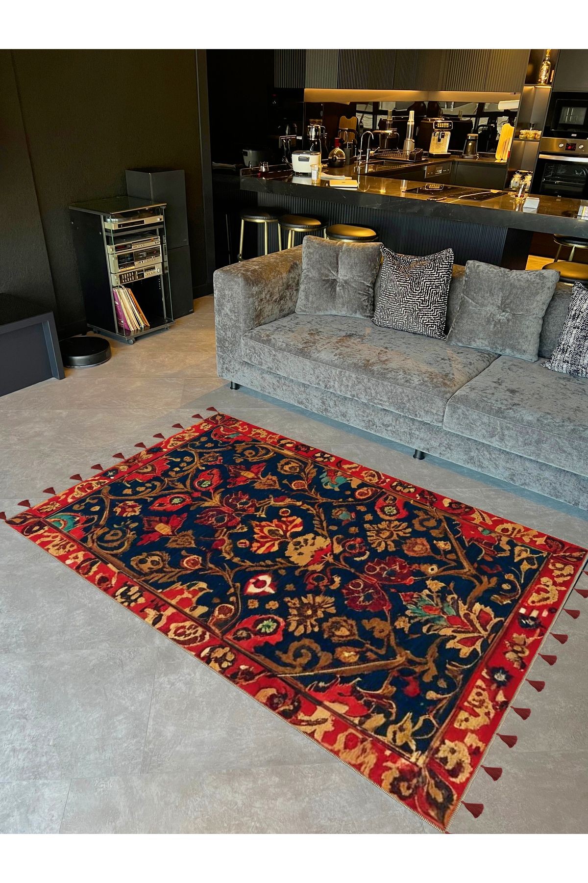 Royal Çiçek ve Etnik Figürler Desenli Püskül Detaylı Dokuma Taban Dekoratif Halı royal34