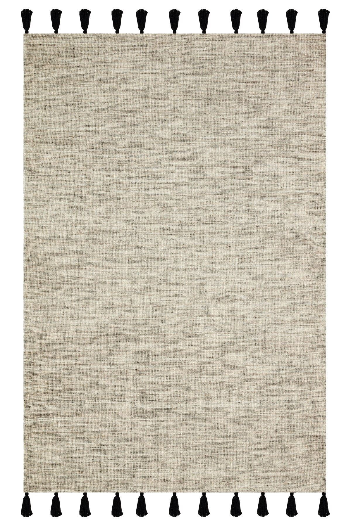 Moroccan 9005 Siyah Püsküllü Kum Beji Bohomian Ve Modern Kilim