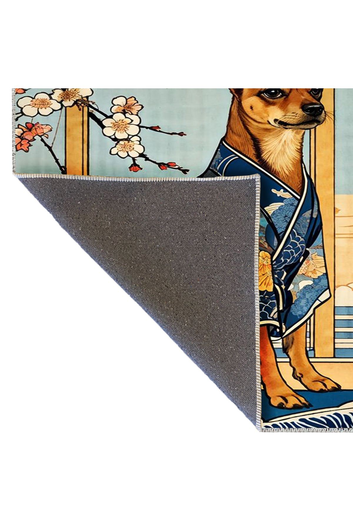 Seda Koleksiyonu Sakura Çiçekleri ve Kimonolu Köpek Desenli Dokuma Taban Dekoratif Halı seda30