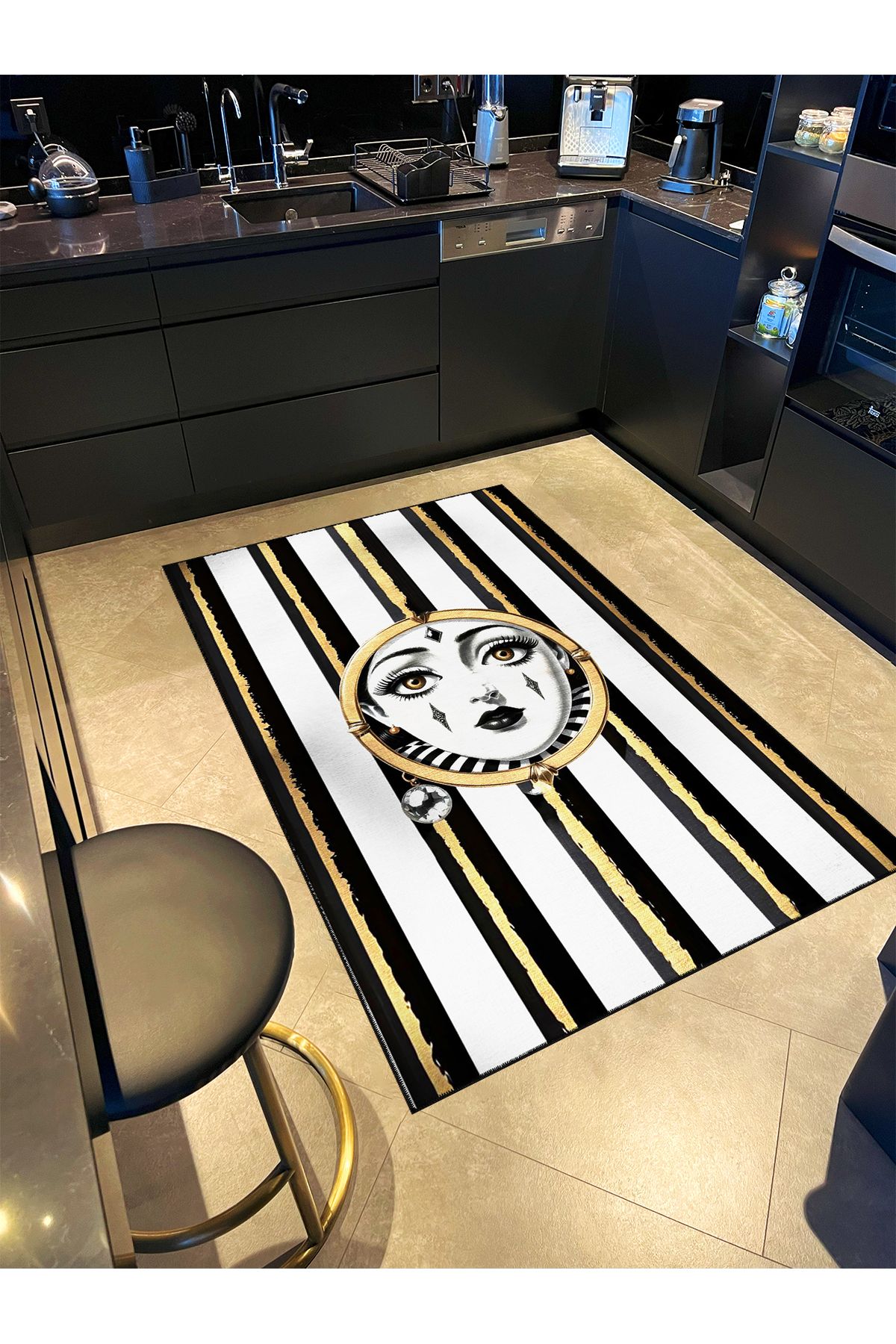 Siyah Beyaz Çizgi Temalı Gold Yüz Desenli Dokuma Taban Halı ve Yıkanabilir Halı miraface05