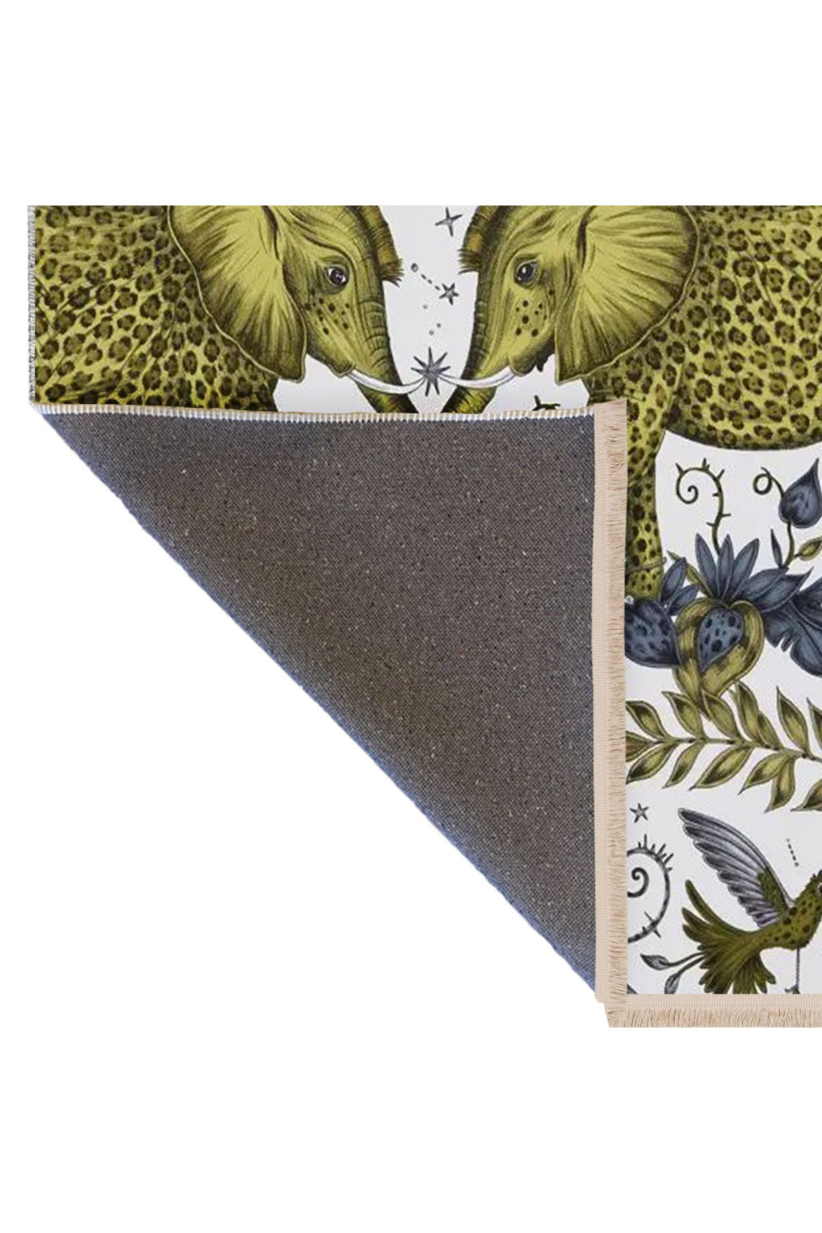 Güney Koleksiyonu Tropikal Ağaçlar Fil Kuş Ve Yaprak Figürleri Desenli Modern Dekoratif Halı 06