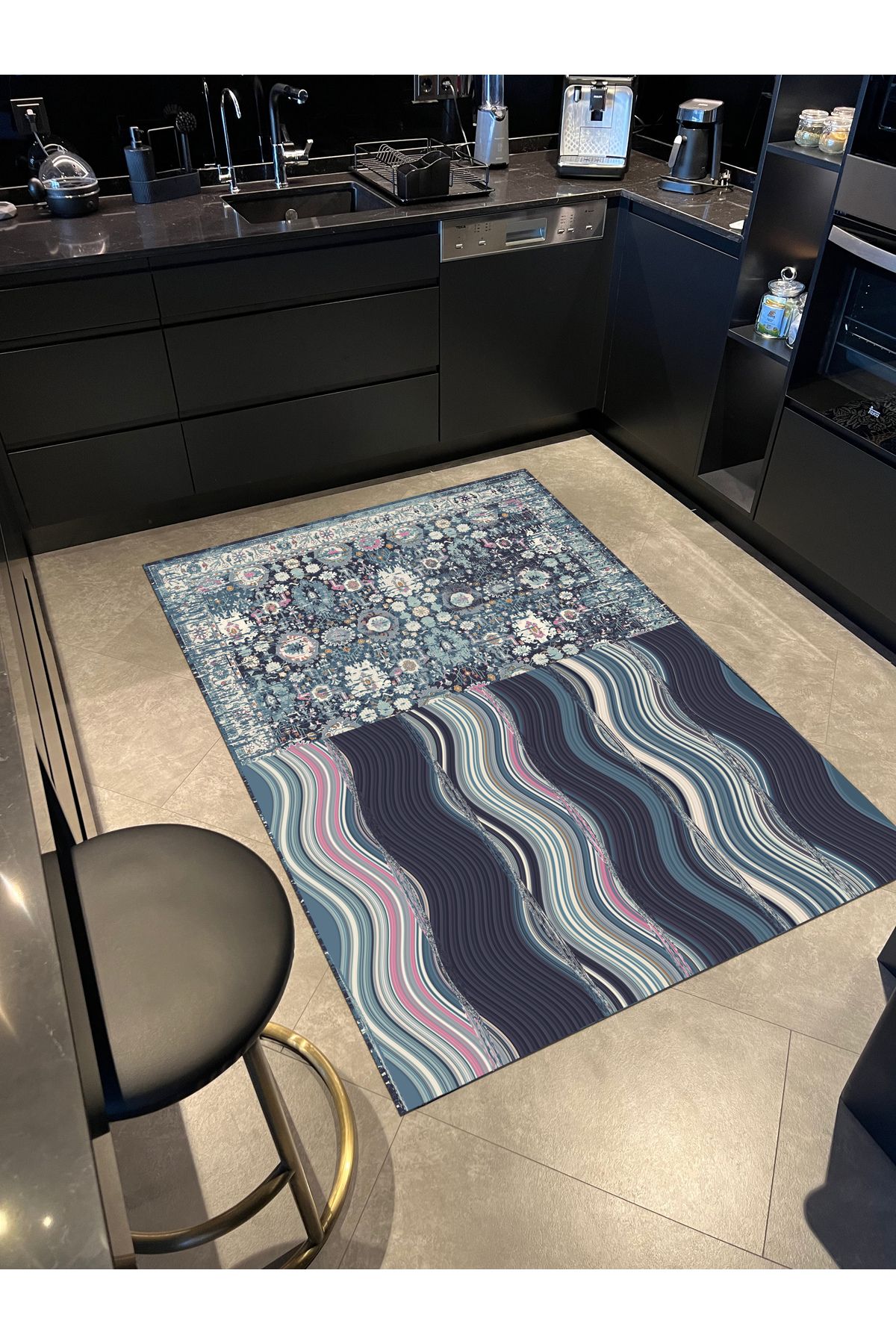 Fiorella Mavi Vintage Zigzag Bozulan Desen Temalı Dokuma Taban Dekoratif Halı 7018